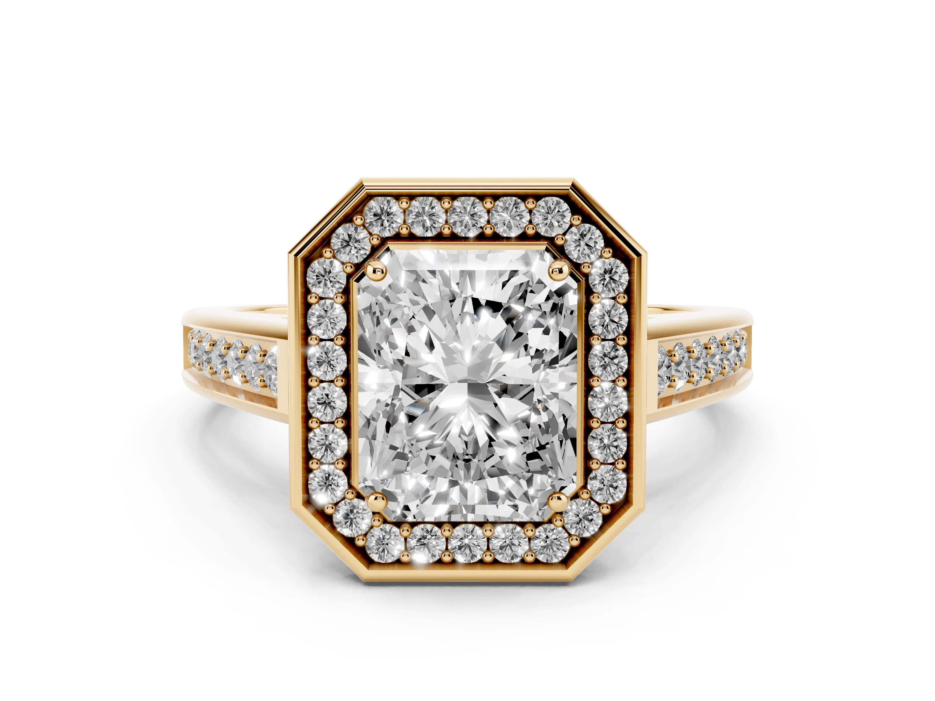 Radiant Cut Diamond Halo Solitaire Ring Set in Yellow gold with Pavé Band and Bezel Setting