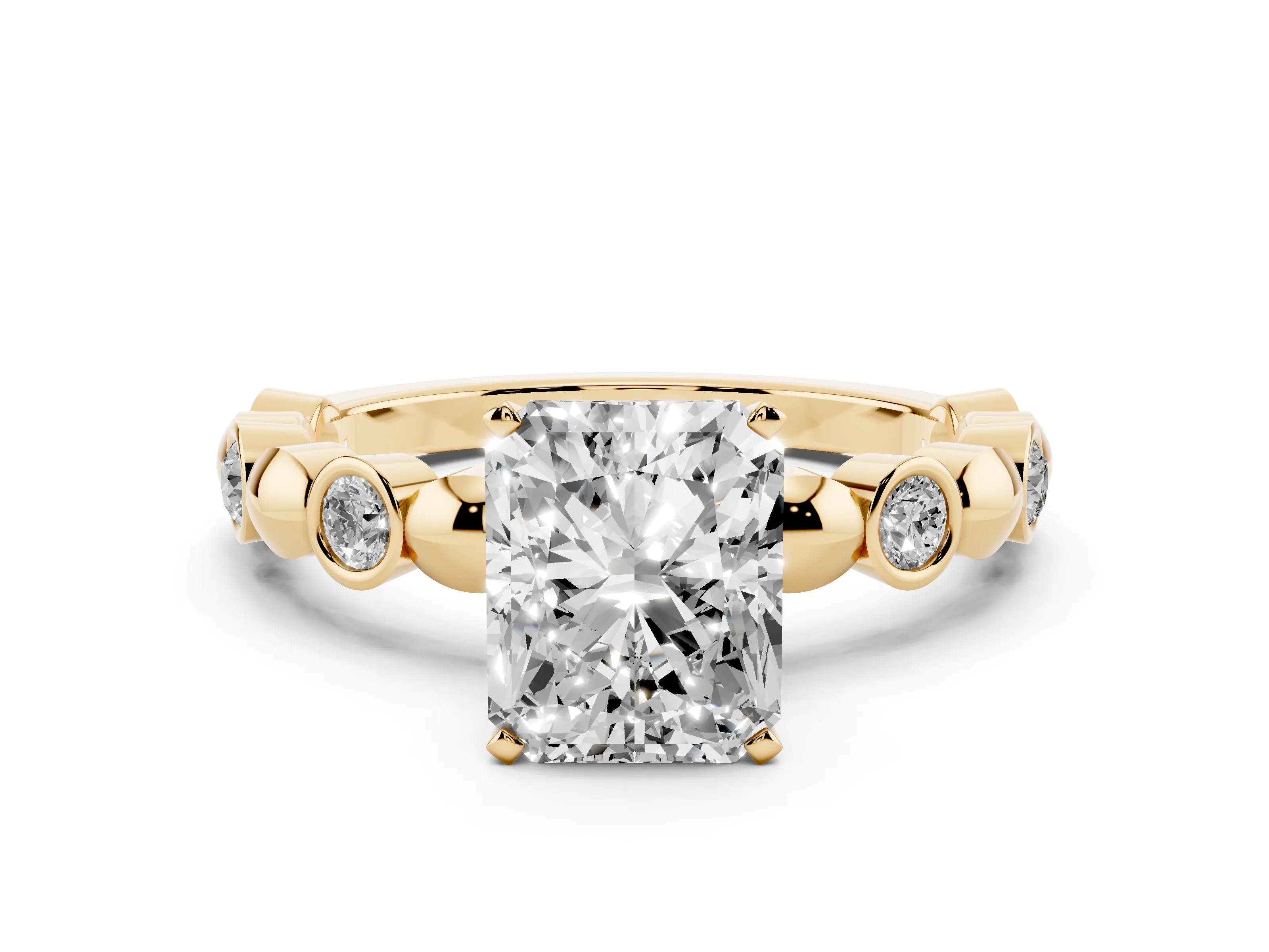 Radiant Cut Diamond Solitaire Ring Set in Yellow gold with Bezel-Set Accents on Beaded Band and Prong Setting