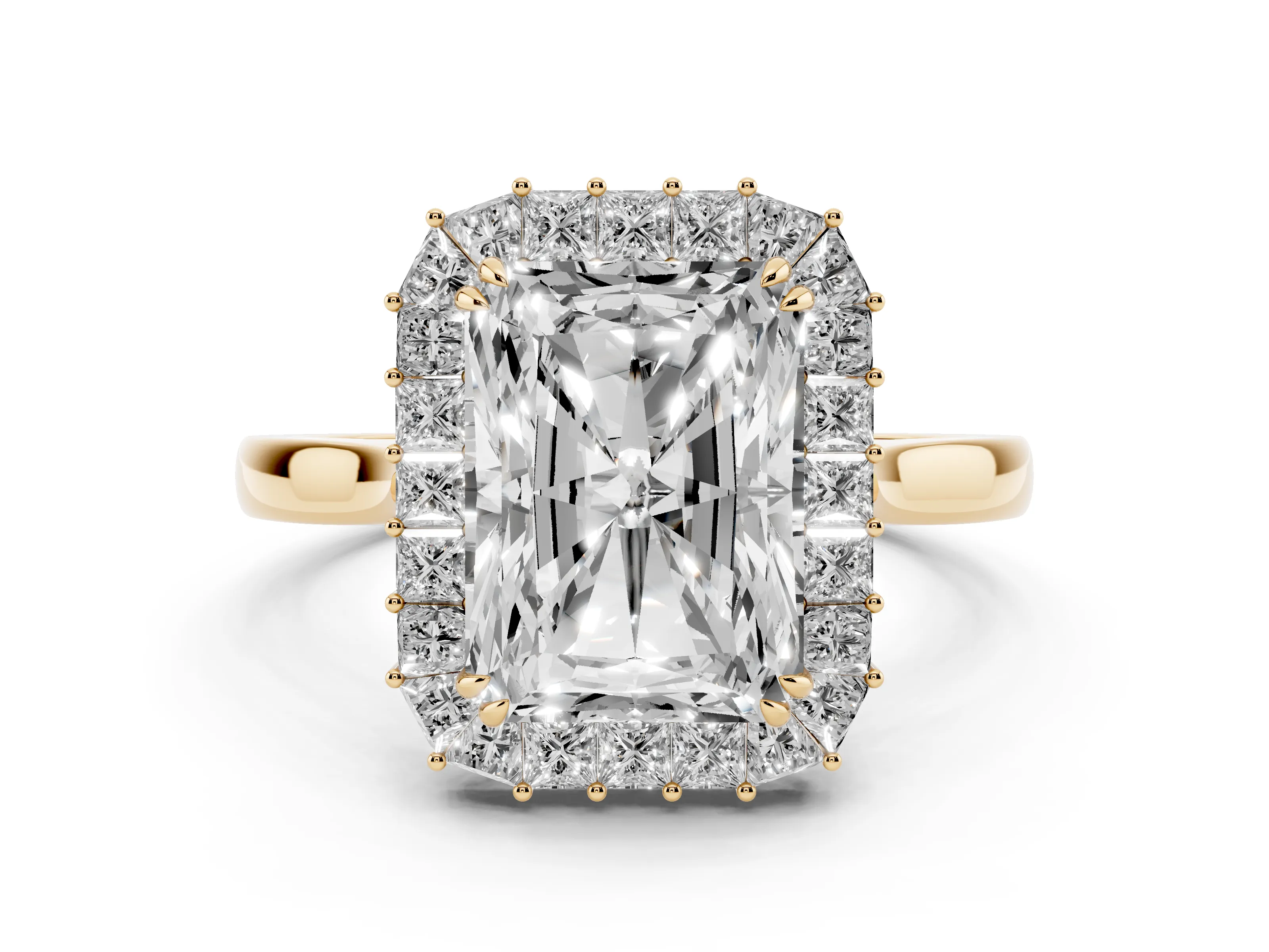 Radiant Diamond Baguette Halo Ring Set in Yellow gold with Round Accents and Slim Band