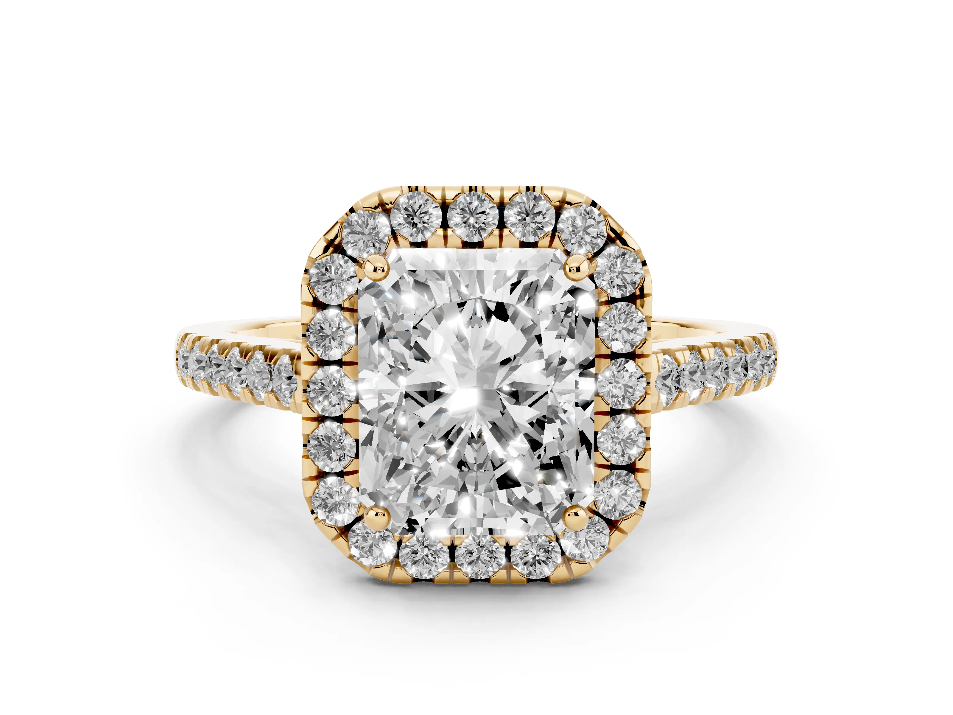 Radiant Cut Diamond Pavé Halo Engagement Ring Set in Yellow gold with Pavé Band and Prong Setting