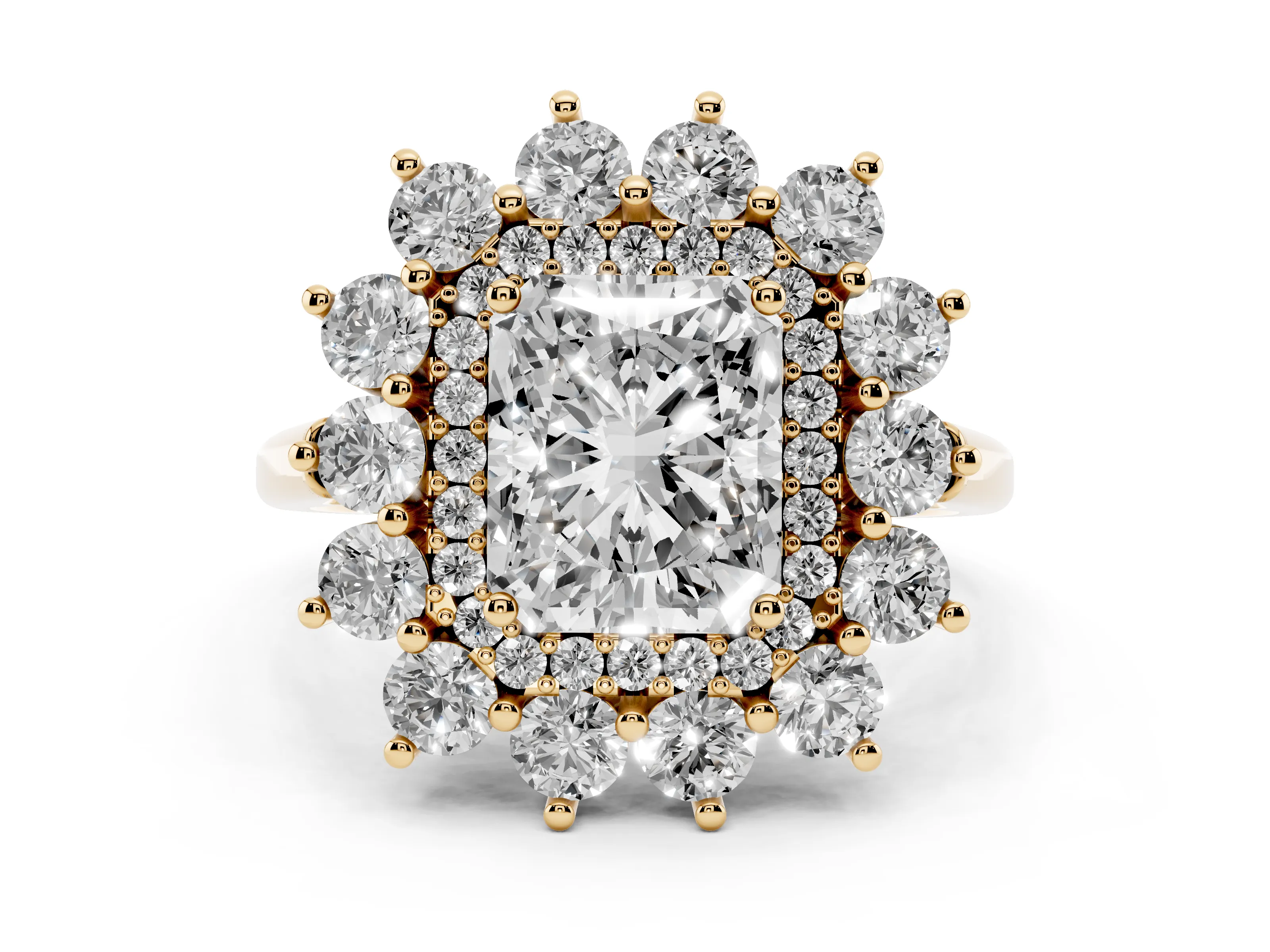 Radiant Cut Diamond Floral Double Halo Ring Set in Yellow gold with Round Petals
