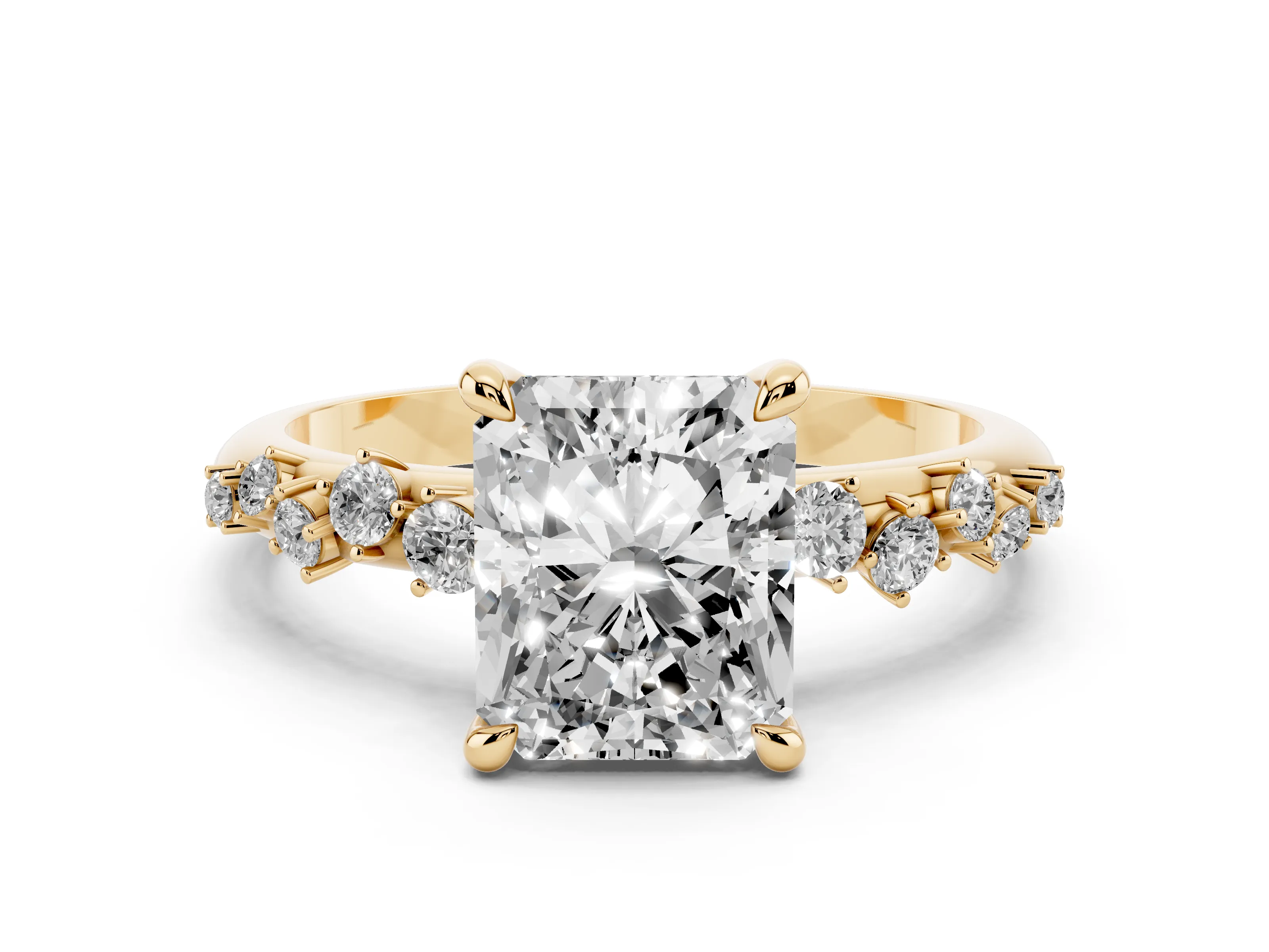 Radiant Cut Diamond Solitaire Vine Band Ring Set in Yellow gold with Round Accents and Prong Setting