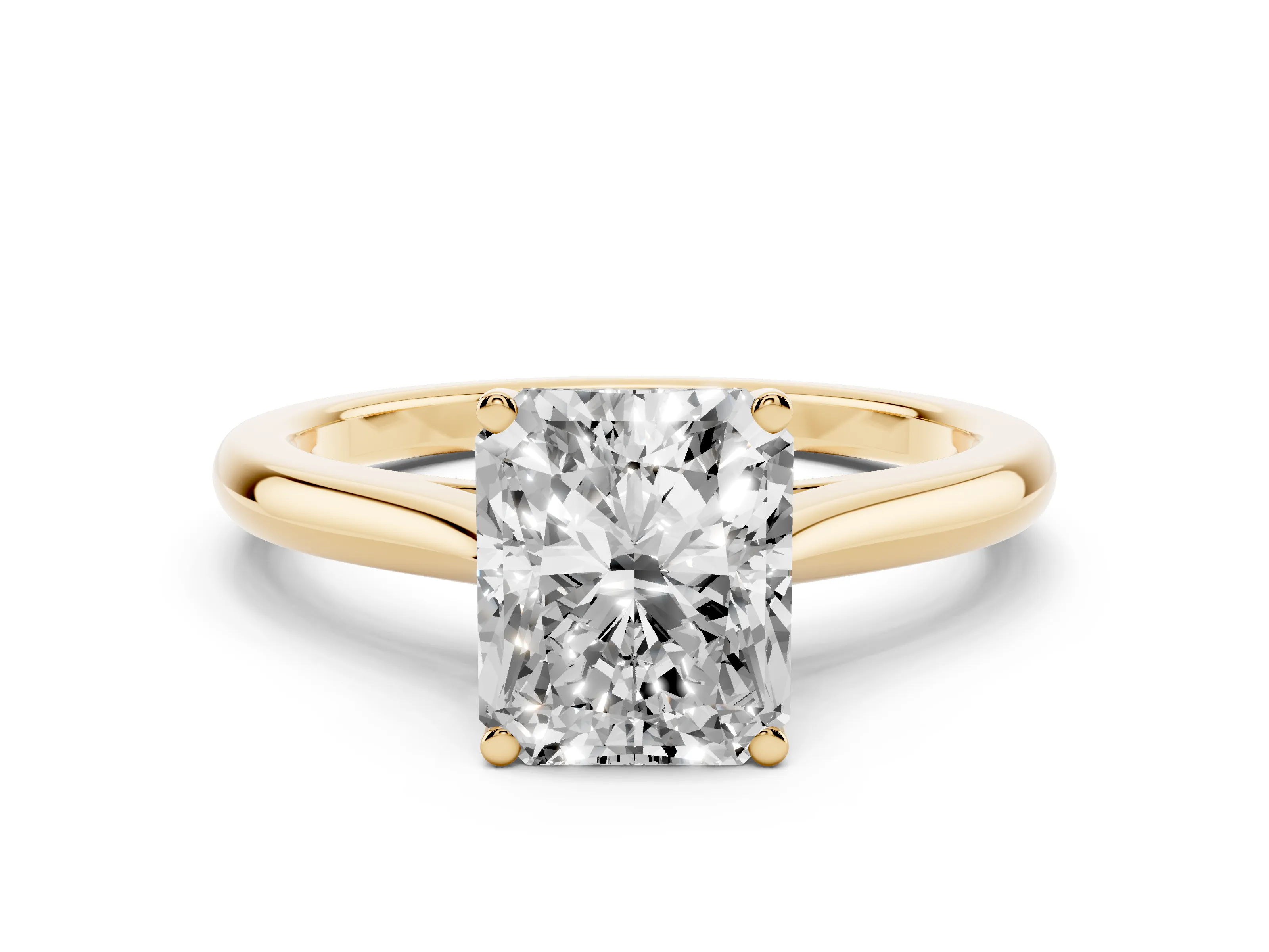 Radiant Cut Diamond Solitaire Ring Set in Yellow gold with Cathedral Band and Prong Setting