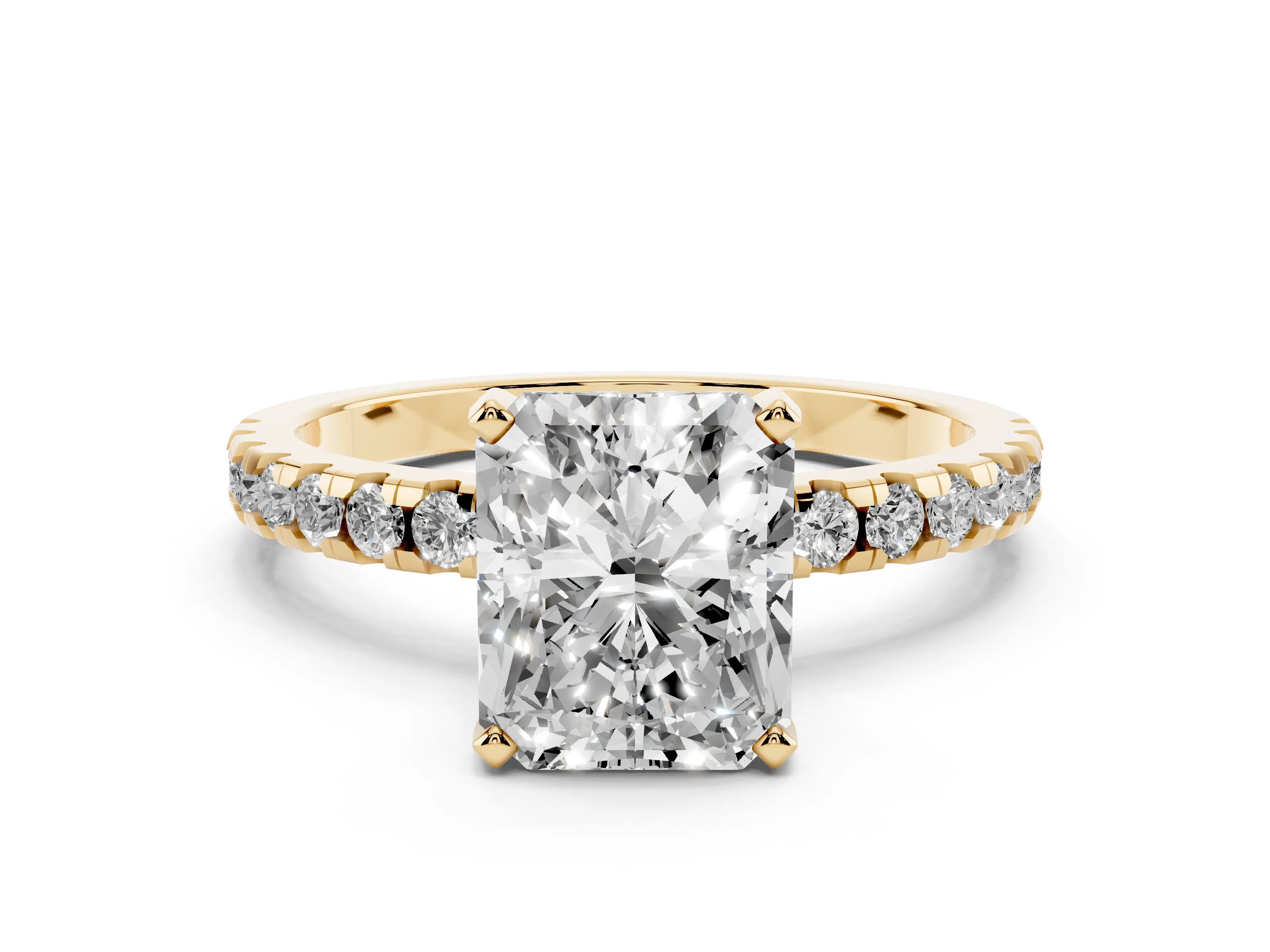 Radiant Cut Diamond Pavé Solitaire Ring Set in Yellow gold with Round Band Accents and Prong Setting