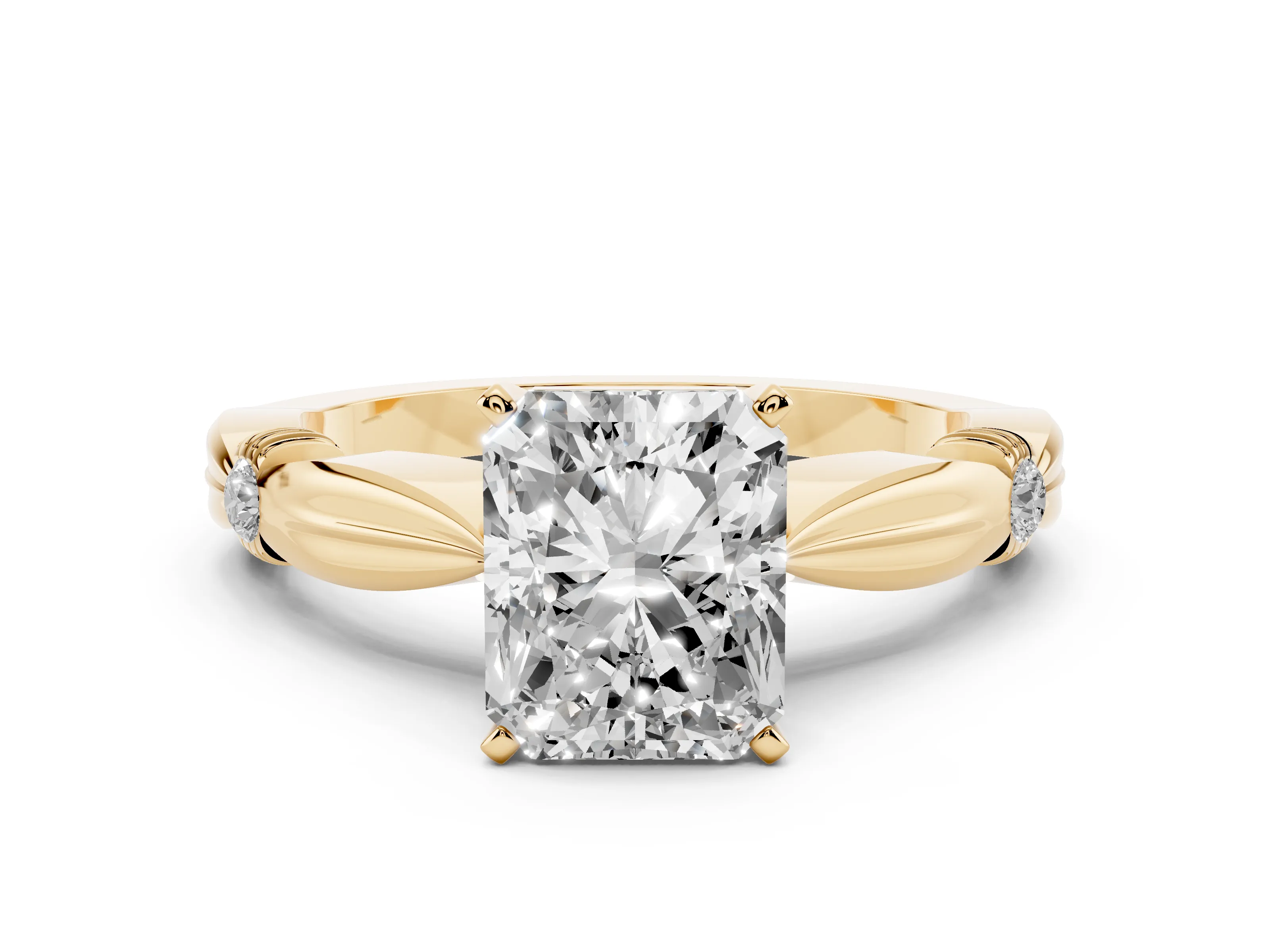Radiant Cut Diamond Solitaire Twisted Band Ring Set in Yellow gold with Accent Stones and Prong Setting