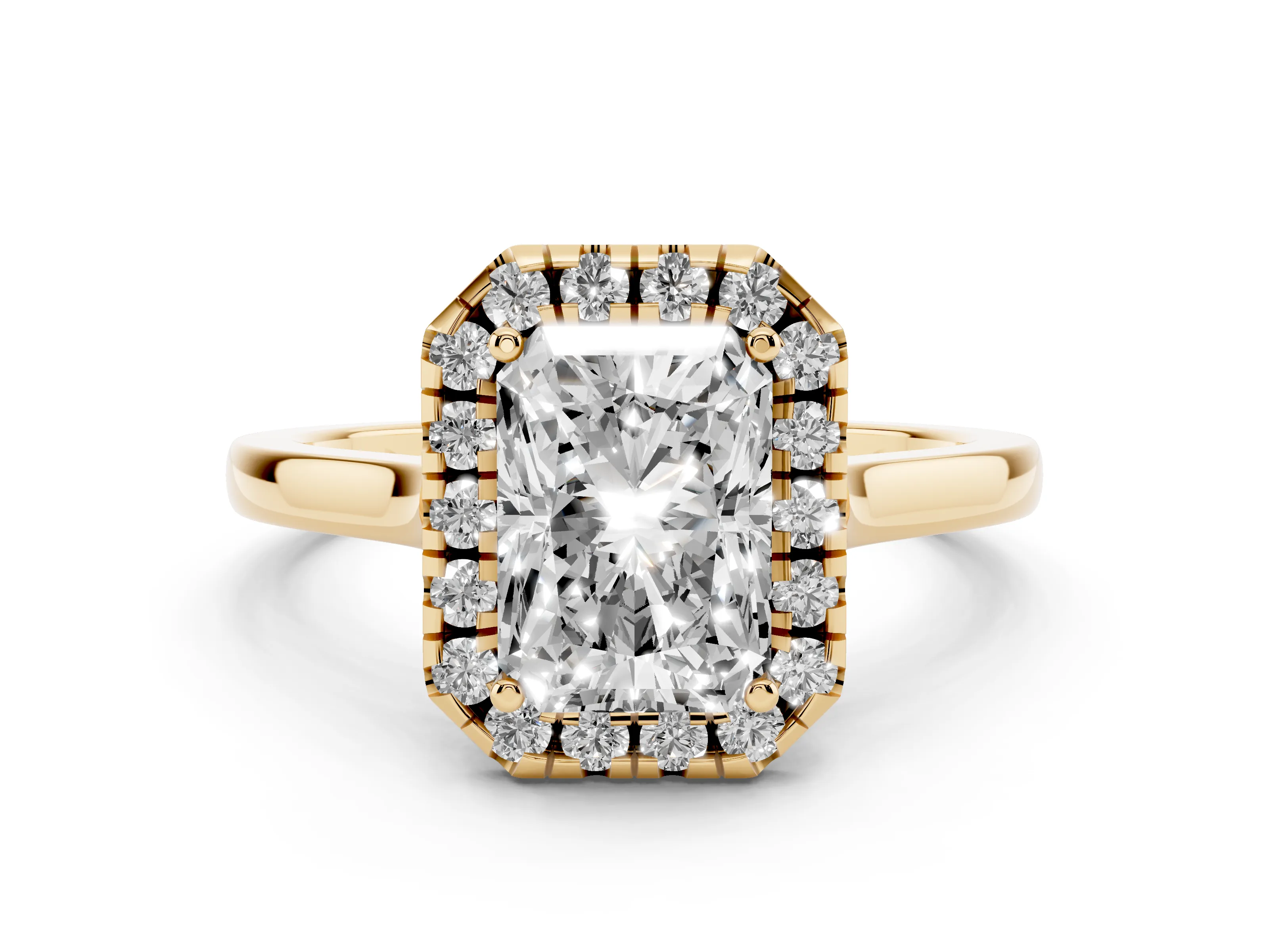 Radiant Cut Halo Round Diamond Solitaire Ring Set in Yellow gold with Pavé Band and Prong Setting