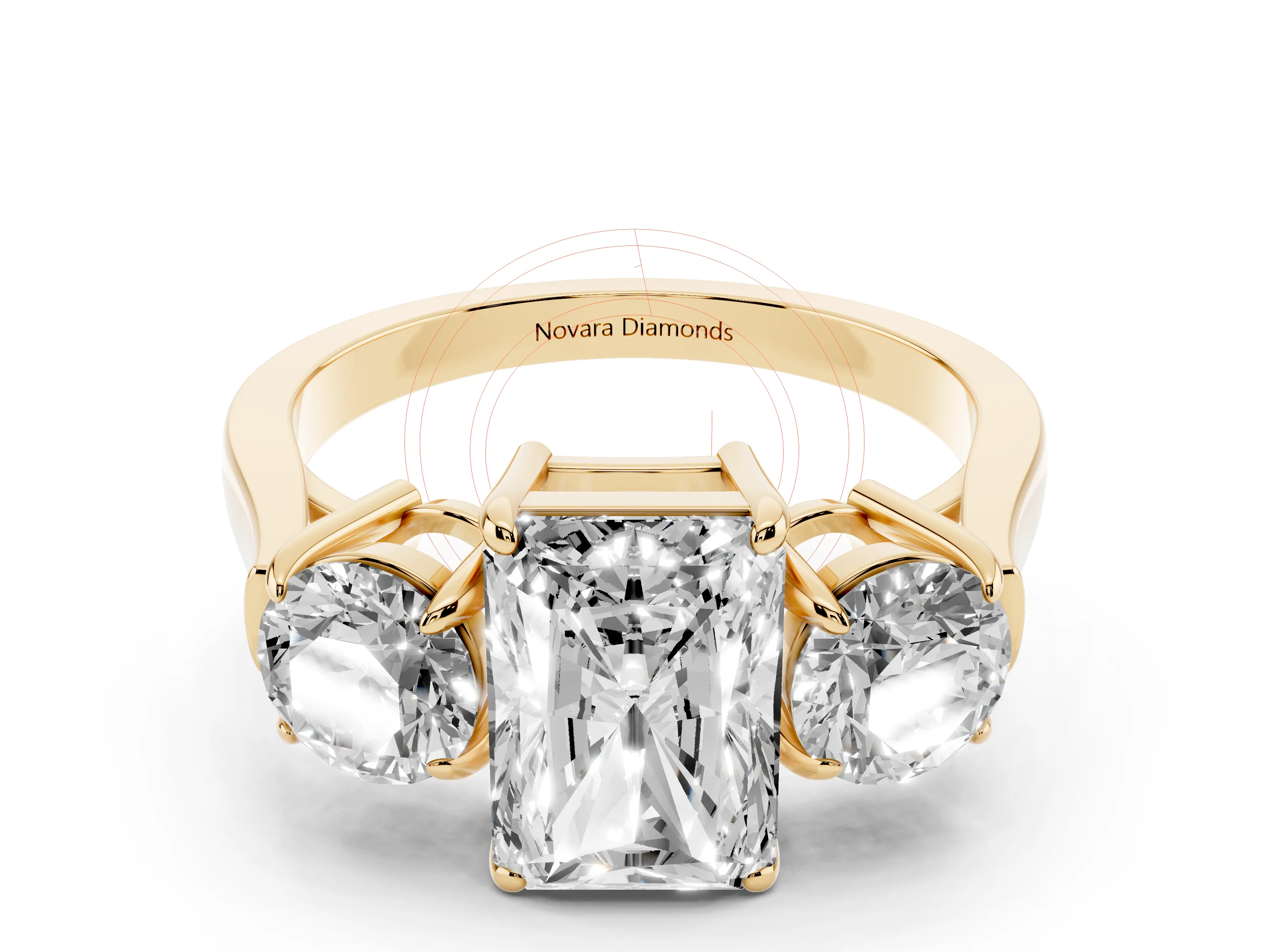 Radiant Cut Diamond Three-Stone Ring Set in Yellow gold with Round Accent Stones and Plain Band