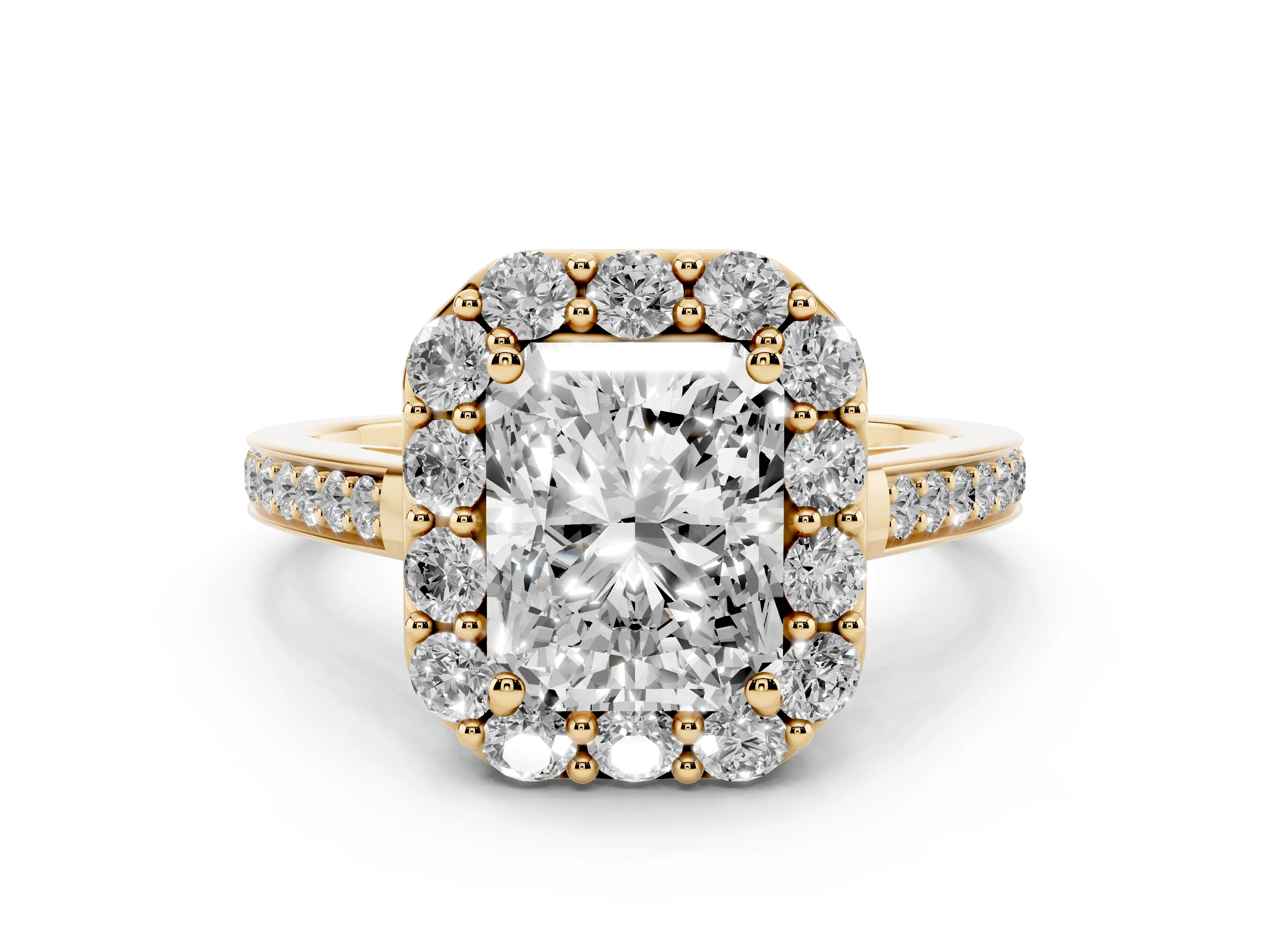 Radiant Cut Diamond Floral Halo Ring Set in Yellow gold with Pavé Band and Prong Setting