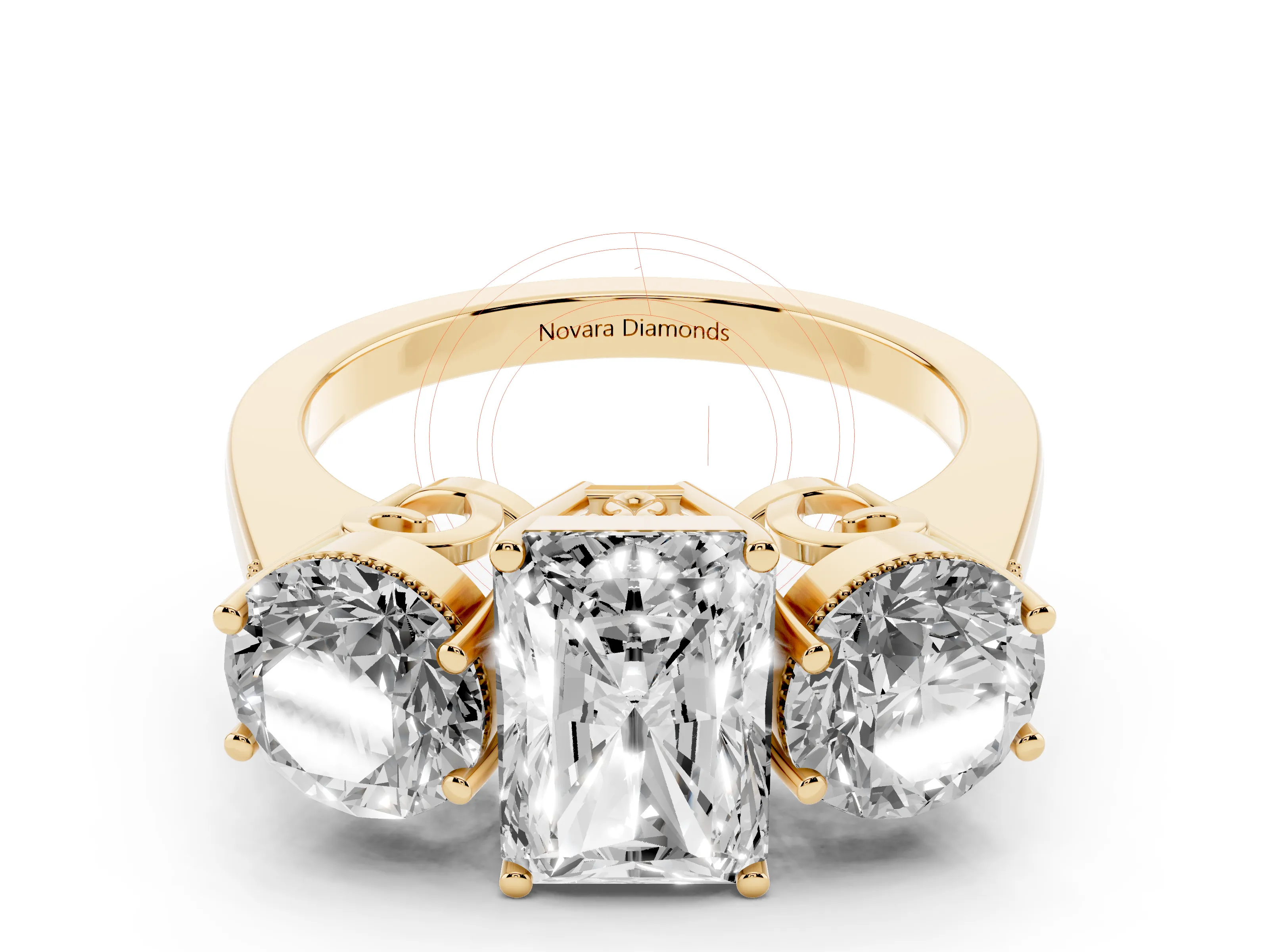 Radiant Cut Diamond Three-Stone Engagement Ring Set in Yellow gold with Polished Band