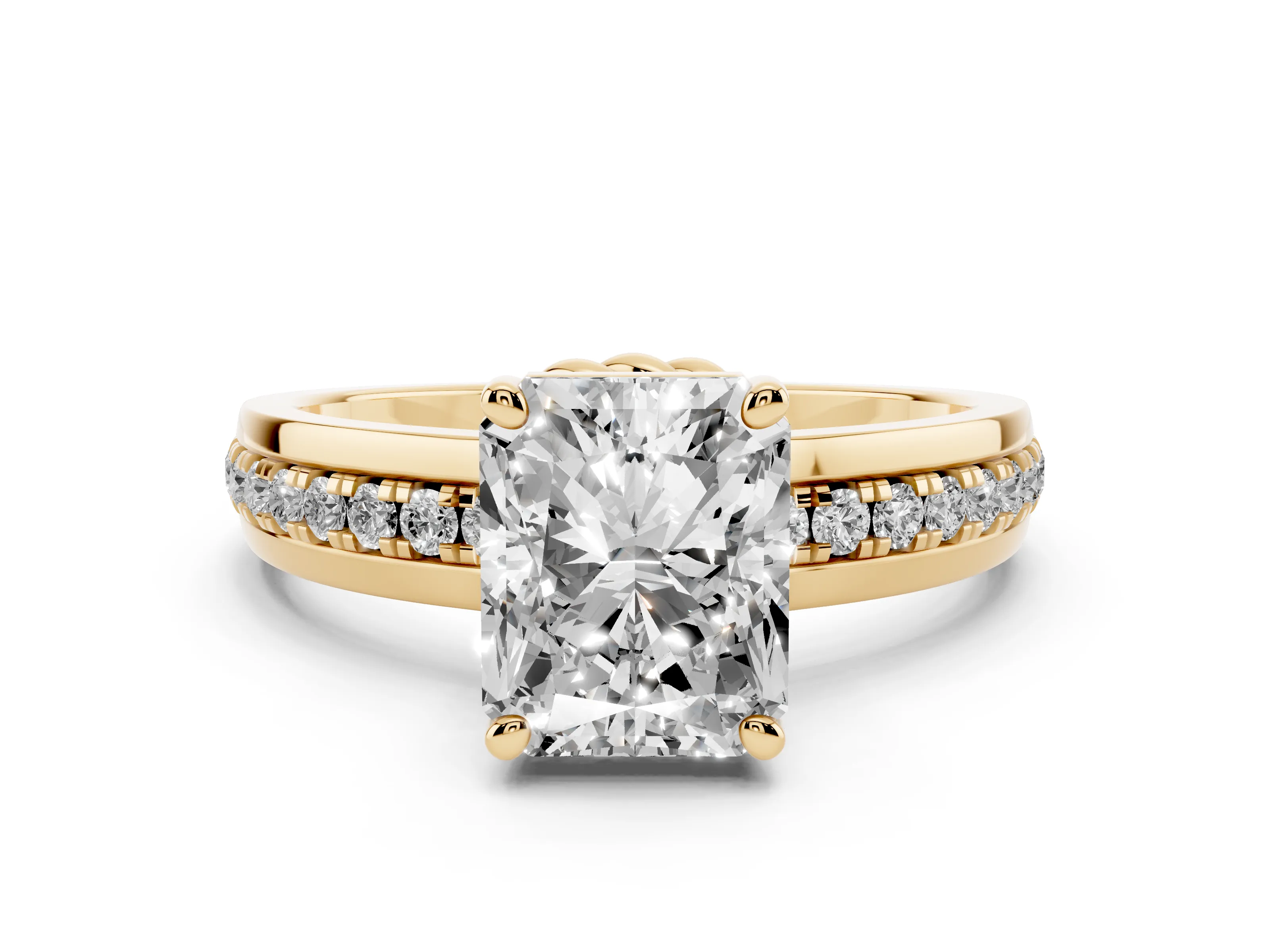 Radiant Cut Diamond Solitaire Ring Set in Yellow gold with Channel Set Band and Prong Setting