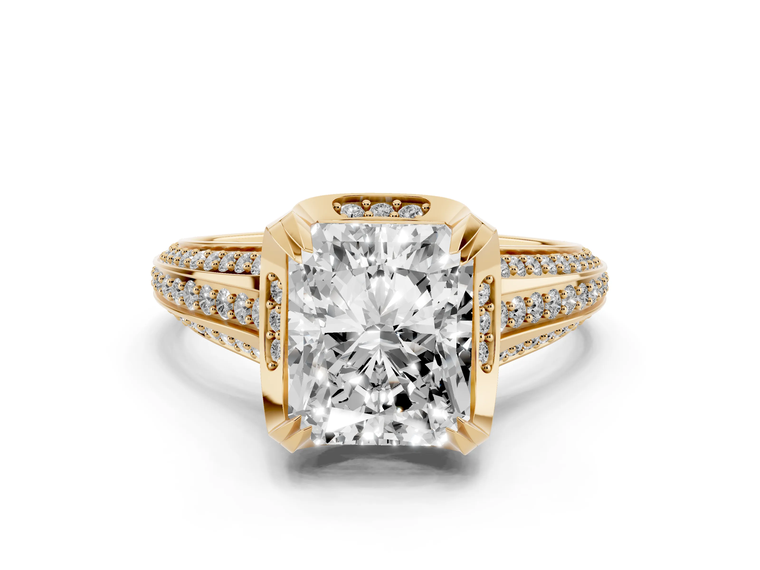 Radiant Cut Diamond Pavé Split Shank Solitaire Ring Set in Yellow gold with Prong Setting