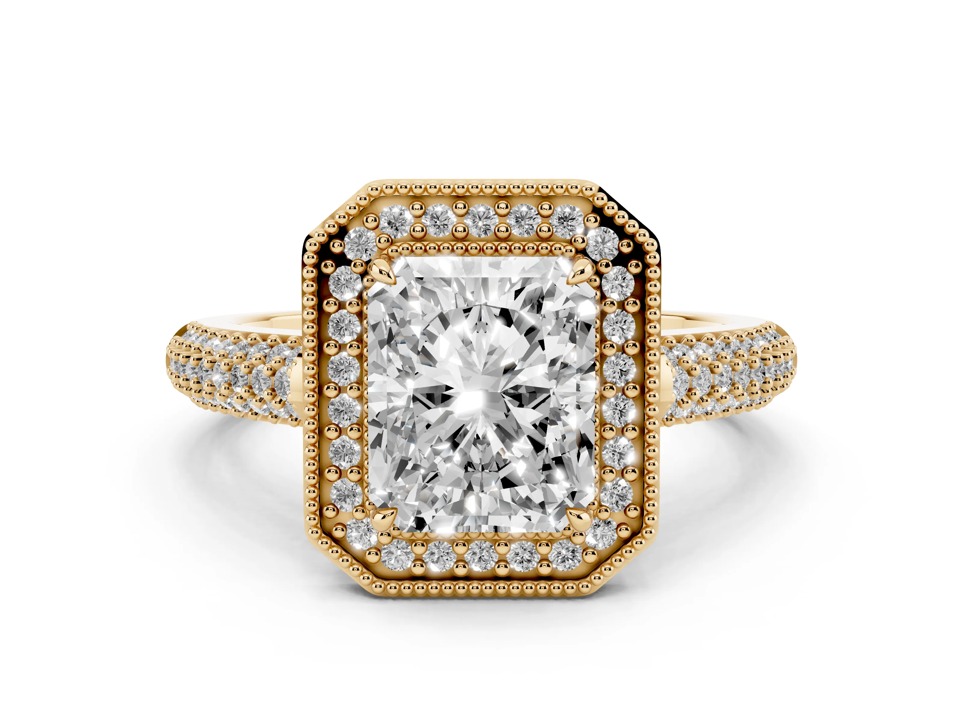 Radiant Cut Diamond Halo Pavé Band Set in Yellow gold with Prong Setting