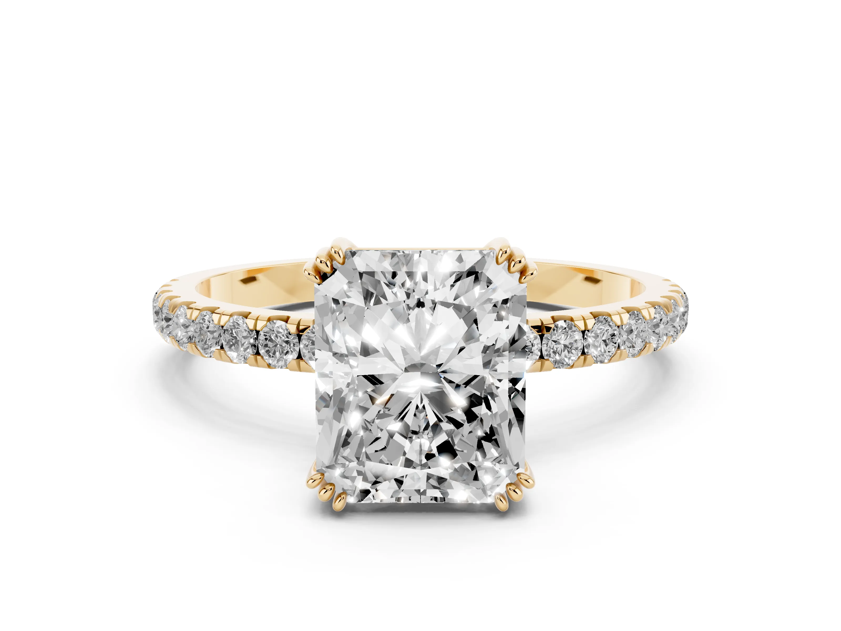 Radiant Cut Diamond Brilliant Solitaire Set in Yellow gold with Pavé Band and Claw Prong Setting