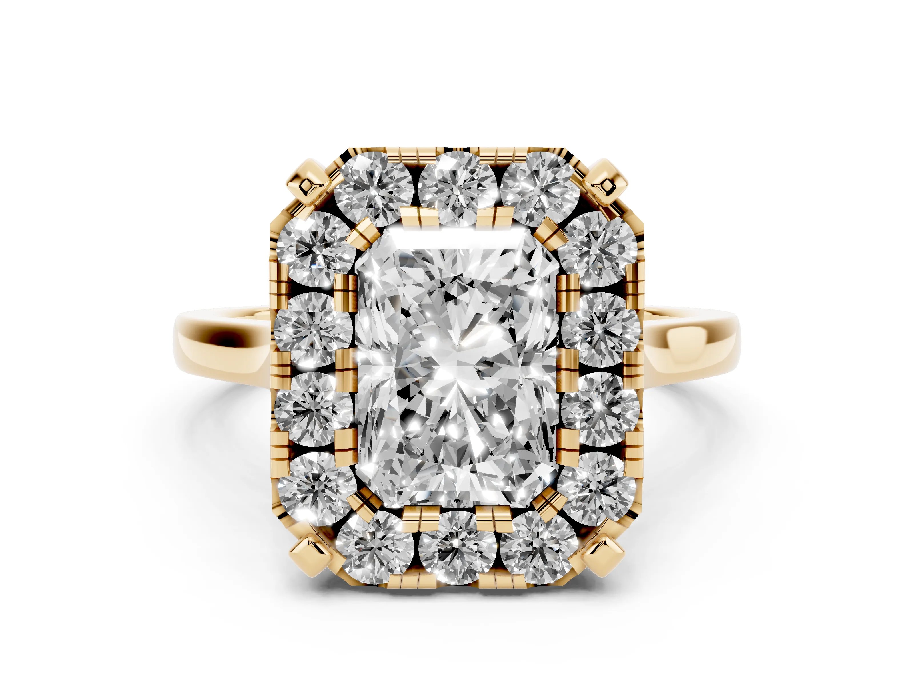 Radiant Cut Diamond Cluster Halo Solitaire Ring Set in Yellow gold with Prong Setting