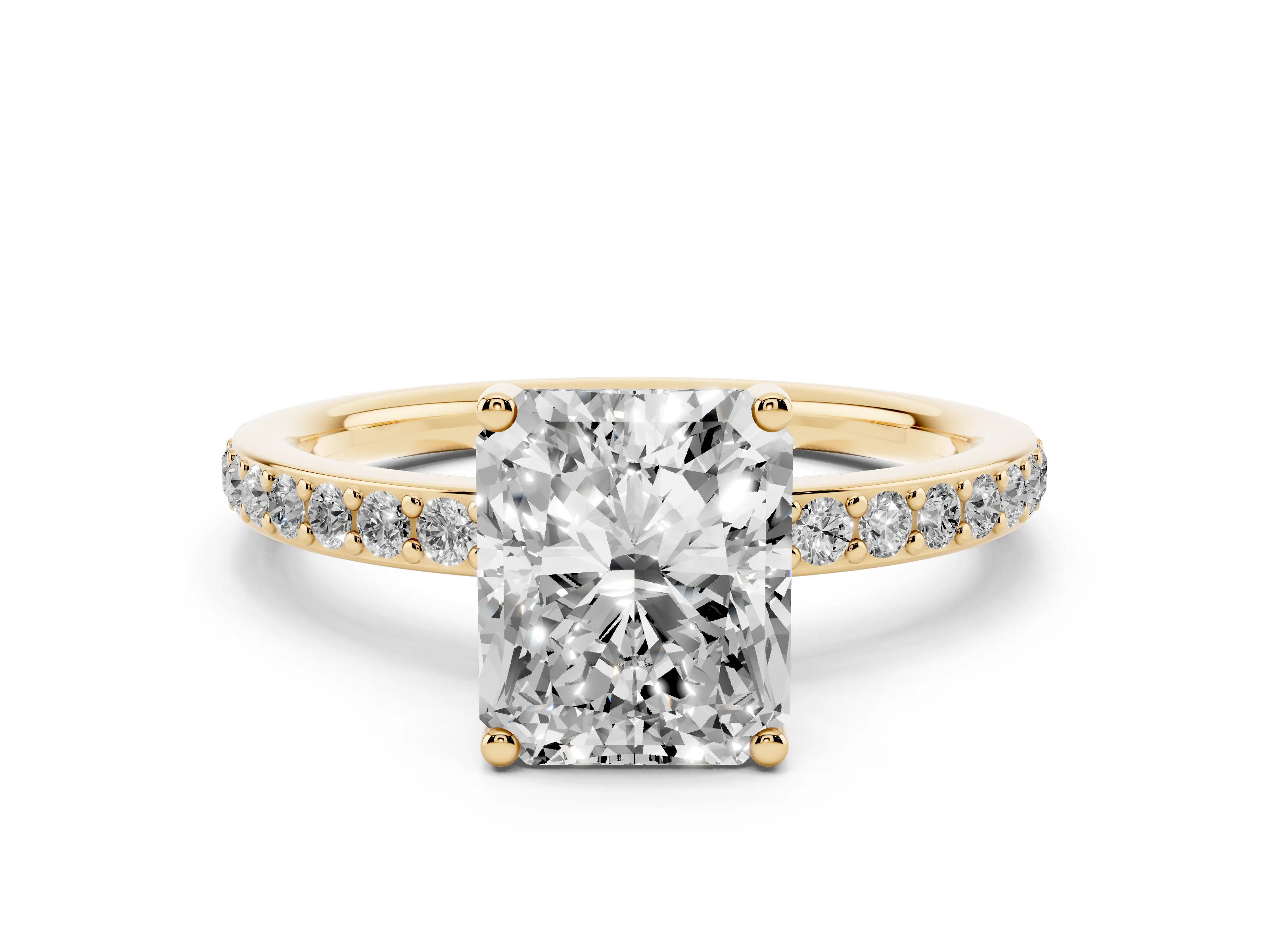 Radiant Cut Diamond Pavé Band Ring Set in Yellow gold with Prong-Set Center Stone