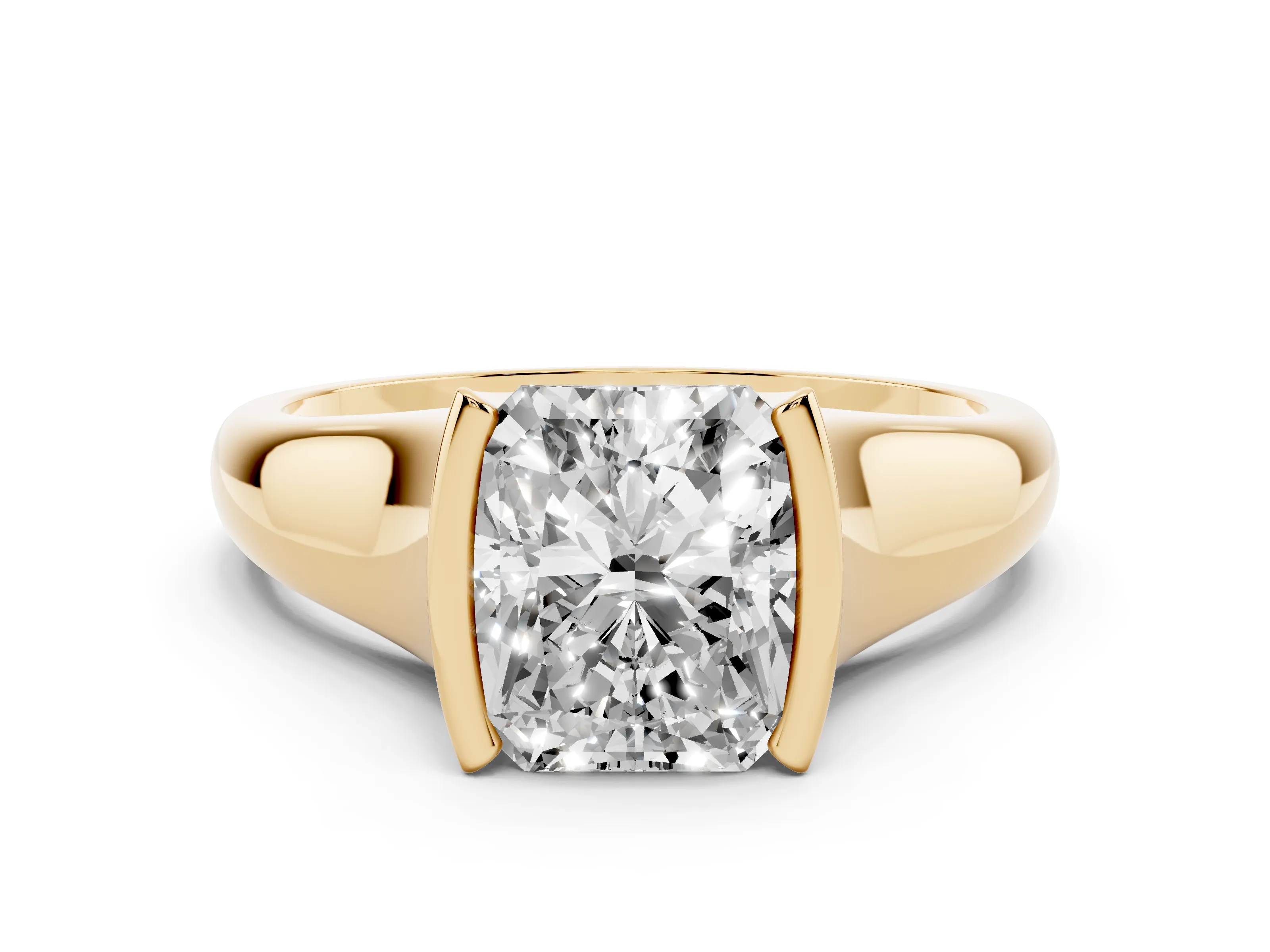 Radiant Cut Diamond Solitaire Tension Set Ring Set in Yellow gold with Split Shank Band