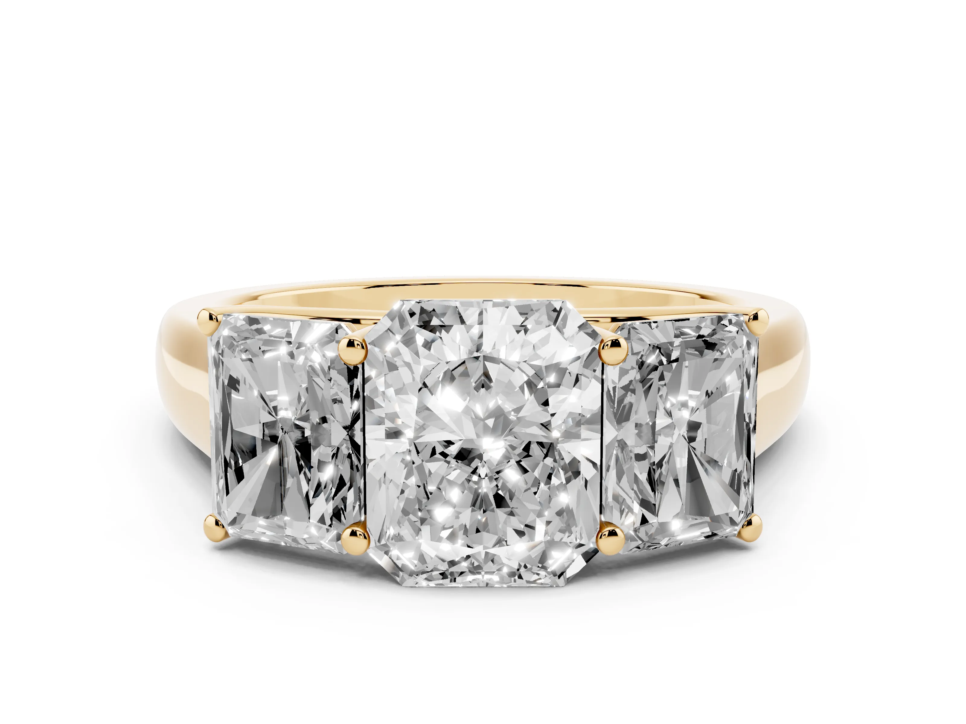 Radiant Cut Diamond Three-Stone Ring Set in Yellow gold with Plain Polished Band