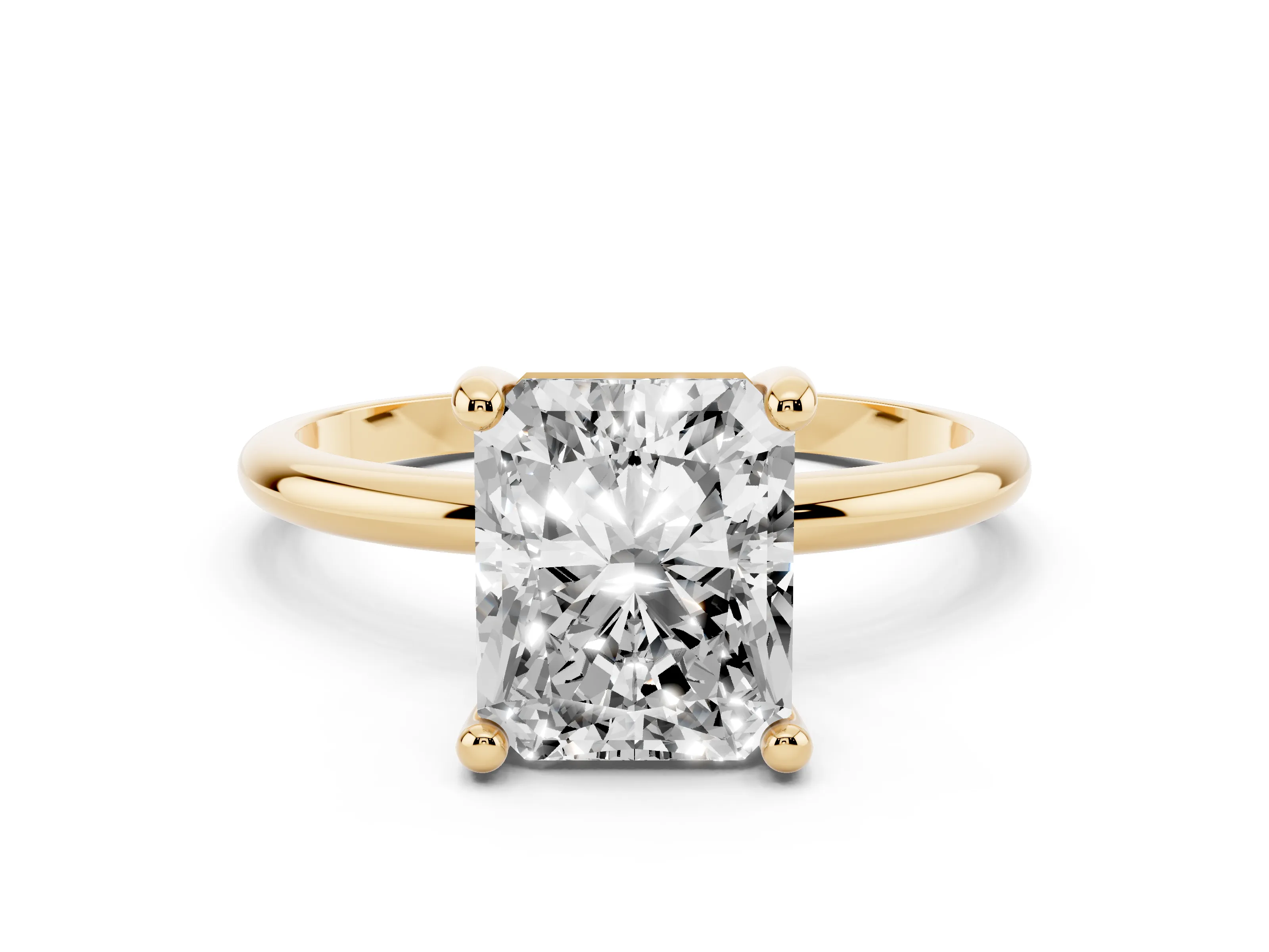 Radiant Cut Diamond Solitaire Ring Set in Yellow gold with Secure Prong Setting on a Classic Band