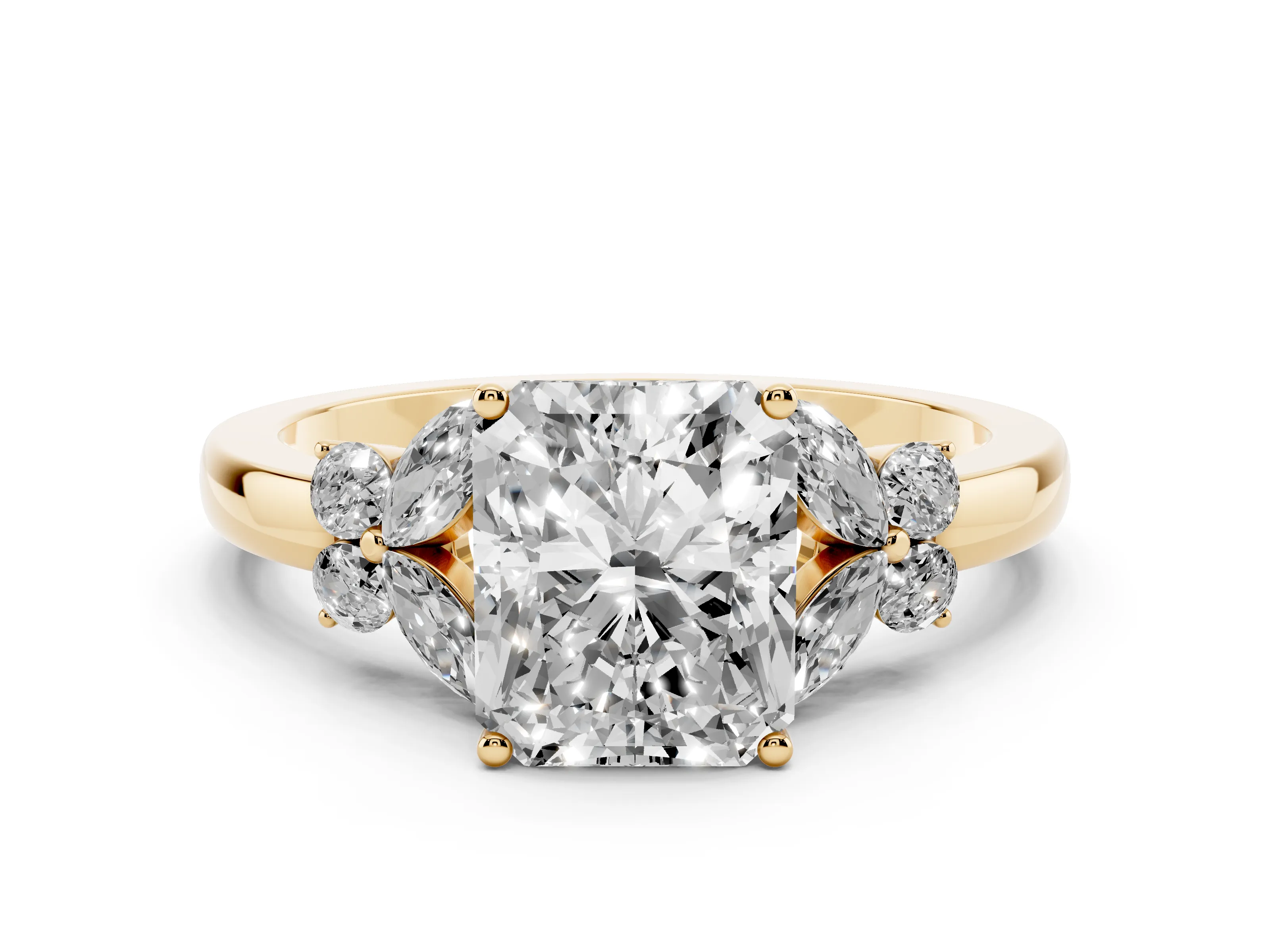 Radiant Cut Diamond Solitaire Floral Ring Set in Yellow gold with Marquise Petals and Prong Setting