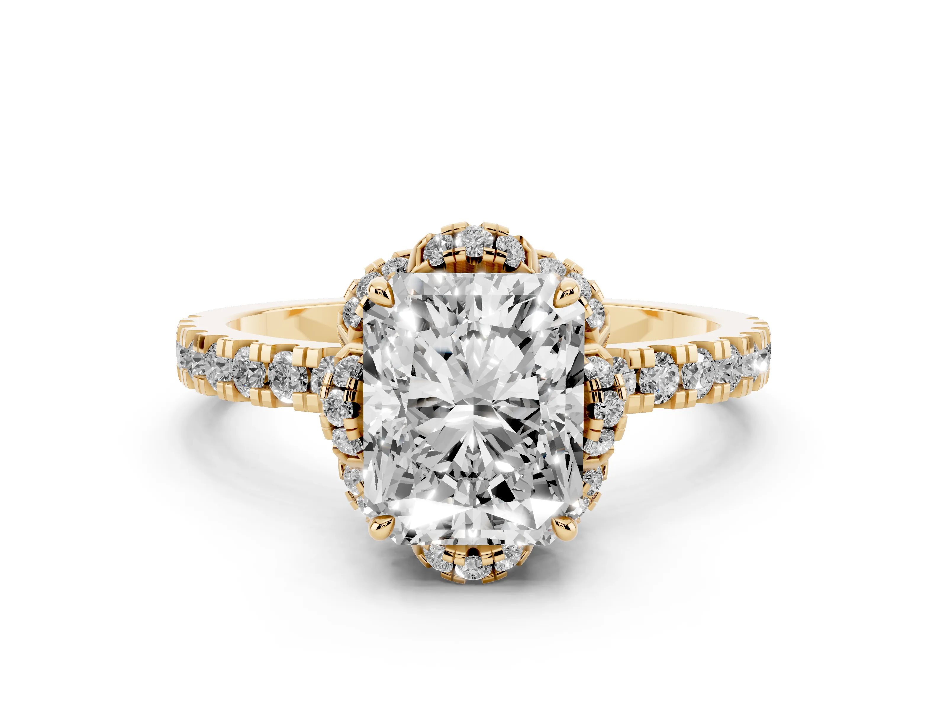 Radiant Cut Diamond Halo Pavé Band Ring Set in Yellow gold with Prong-Held Center