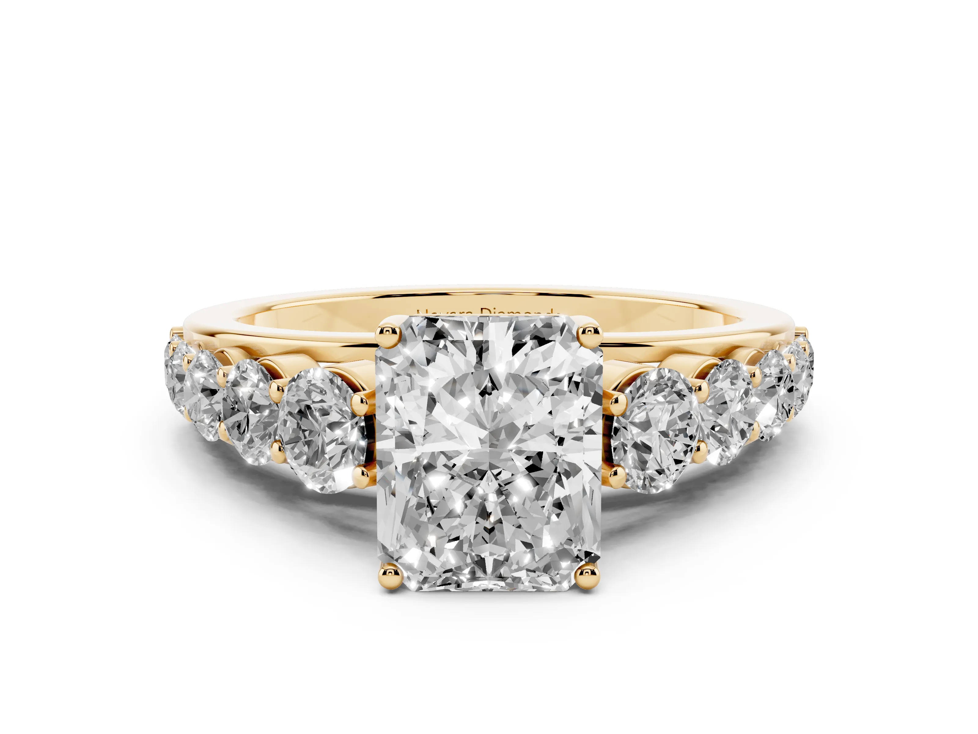 Radiant Cut Diamond Solitaire Ring Set in Yellow gold with Pavé-Set Band and Prong Setting