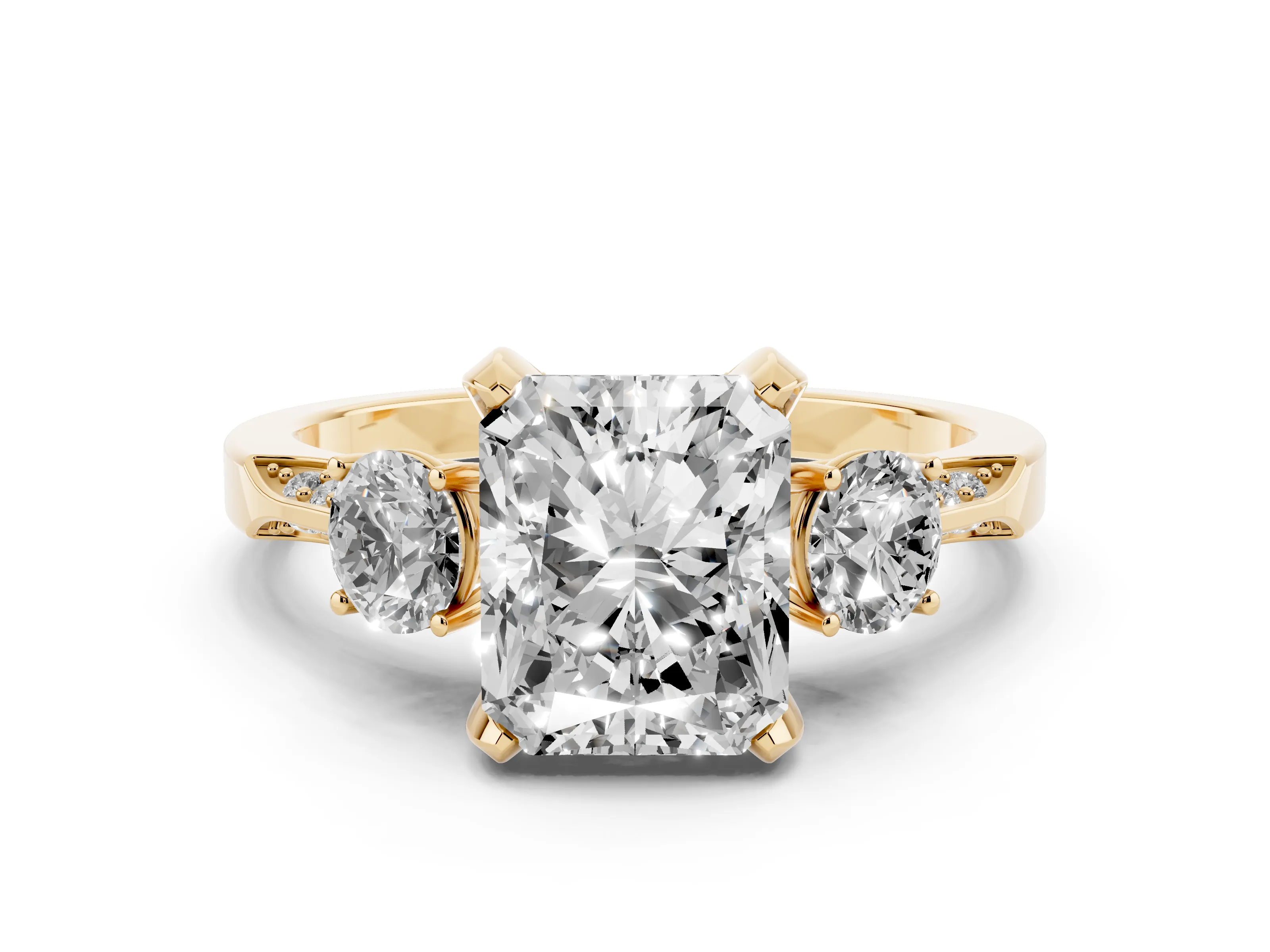 Radiant Cut Diamond Three-Stone Ring Set in Yellow gold with Pavé Band and Smaller Side Stones