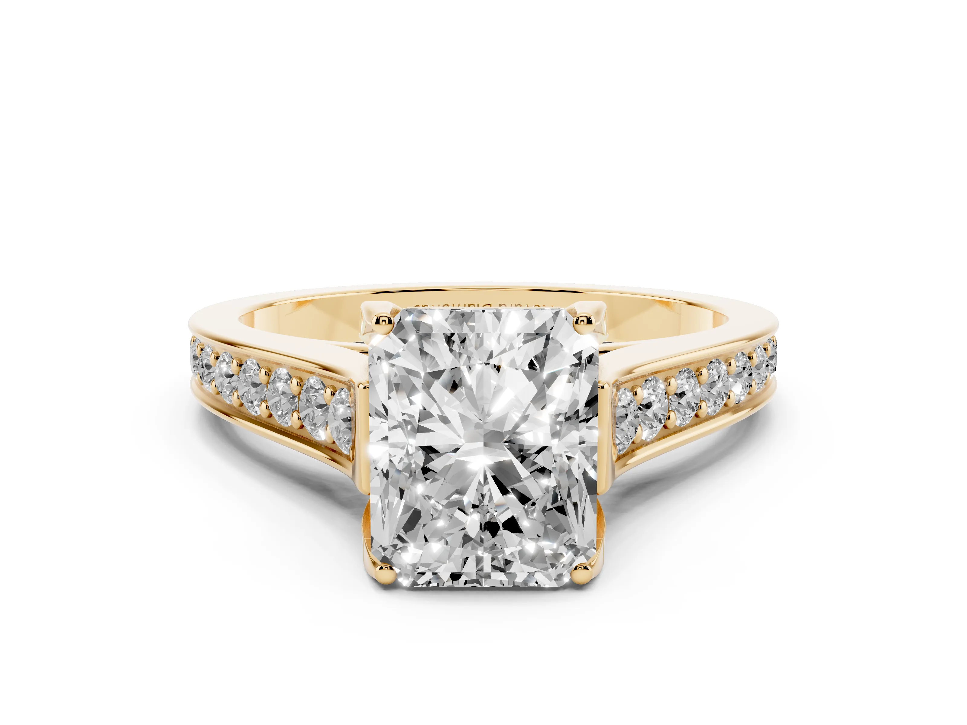 Radiant Cut Diamond Solitaire Pavé Engagement Ring Set in Yellow gold with Prong Setting