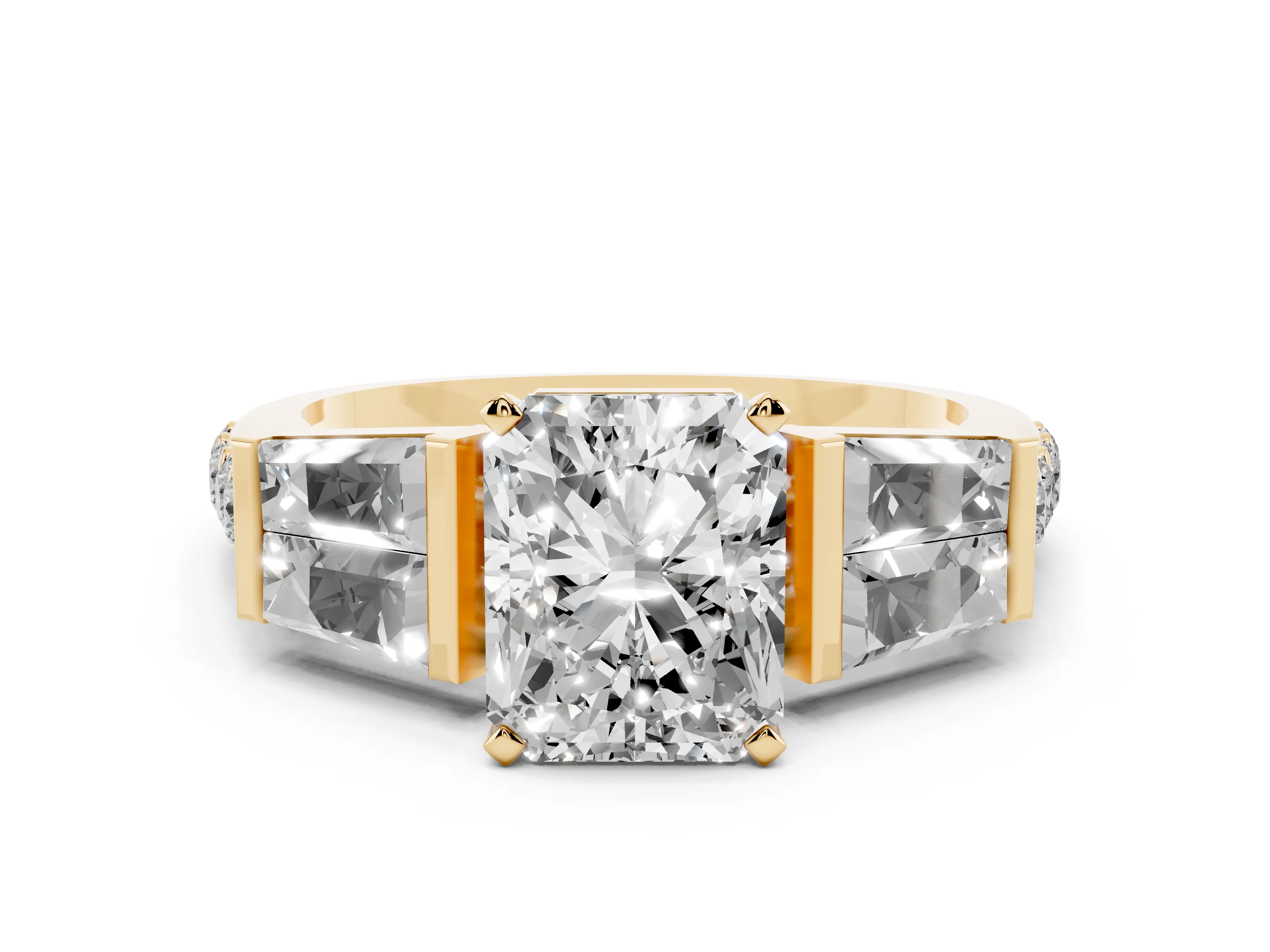 Radiant Cut Diamond Engagement Ring Set in Yellow gold with Baguette Side Stones and Channel Set Band