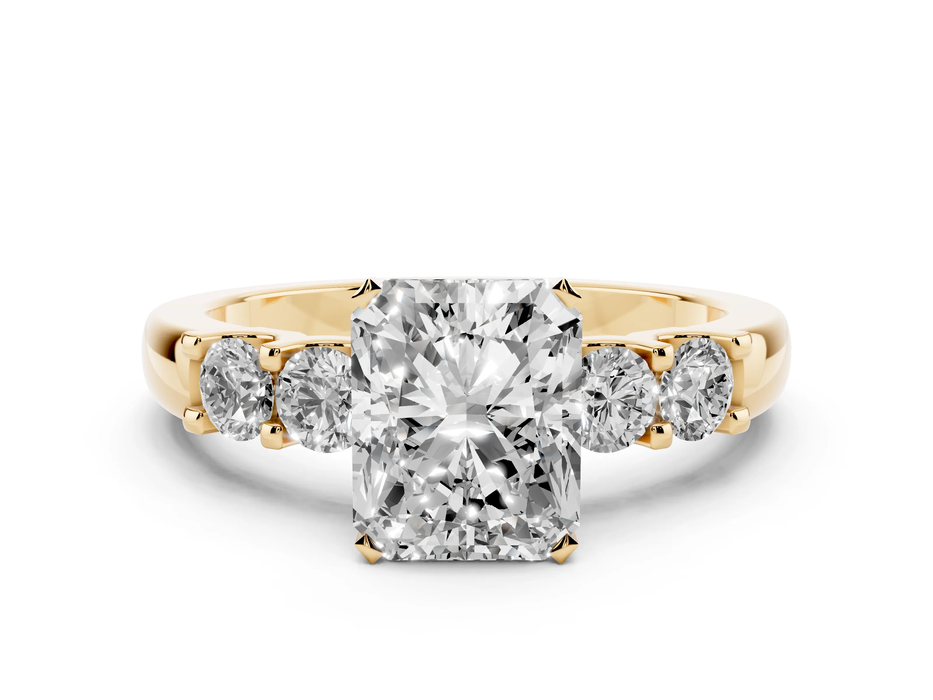 Radiant Cut Diamond Five-Stone Prong Set Engagement Ring Set in Yellow gold with Channel Band