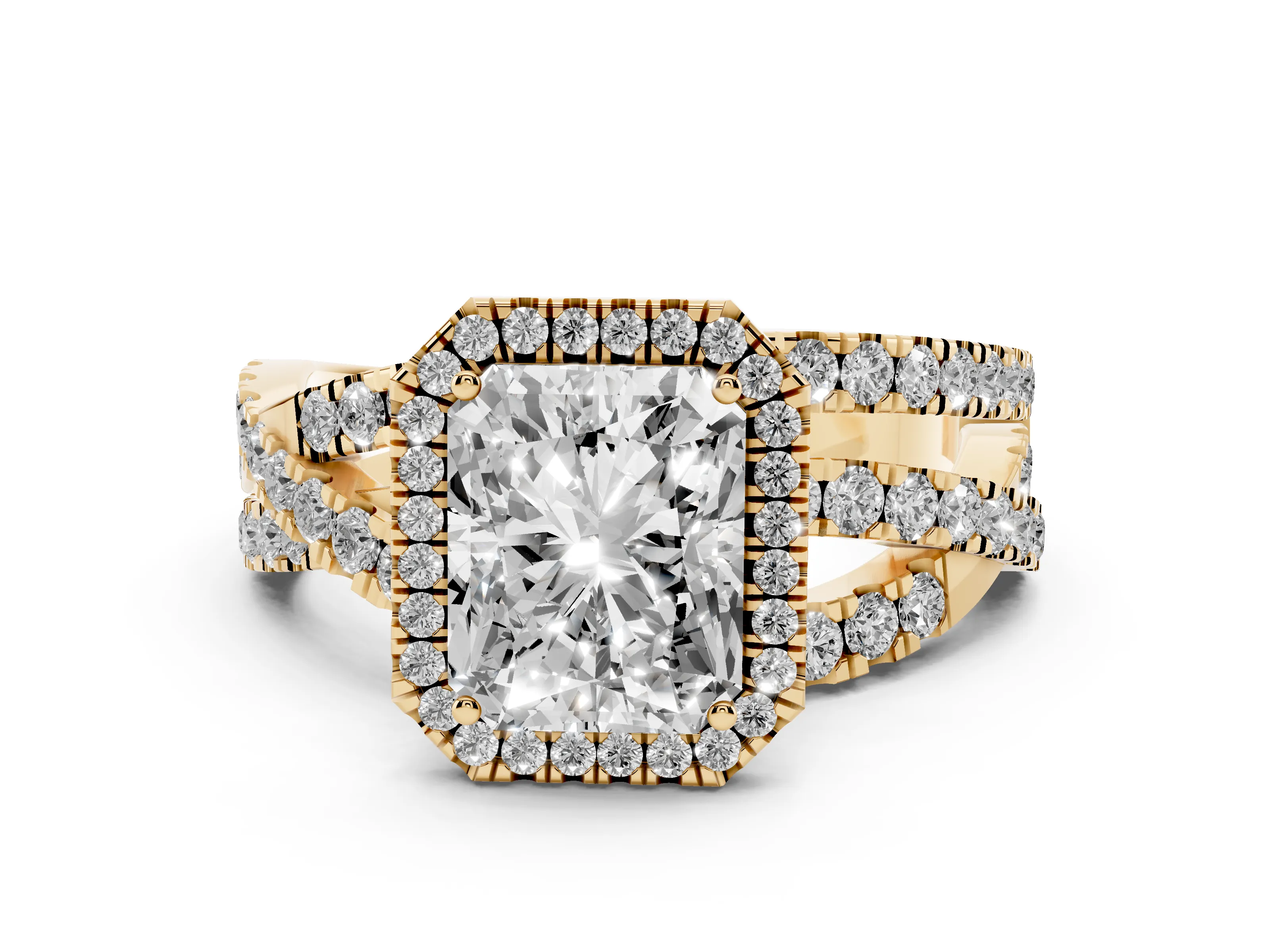 Radiant Cut Diamond Halo Ring Set in Yellow gold with Round Crossover Split Shank and Prong Setting