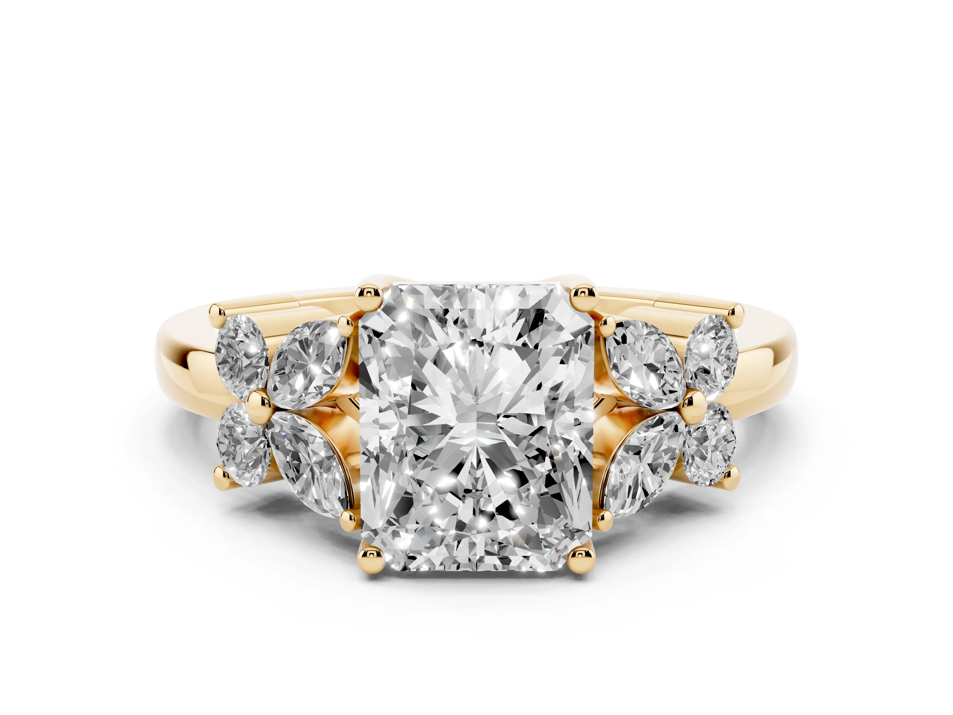 Radiant Cut Diamond Floral Cluster Ring Set in Yellow gold with Marquise Petals and Prong Setting