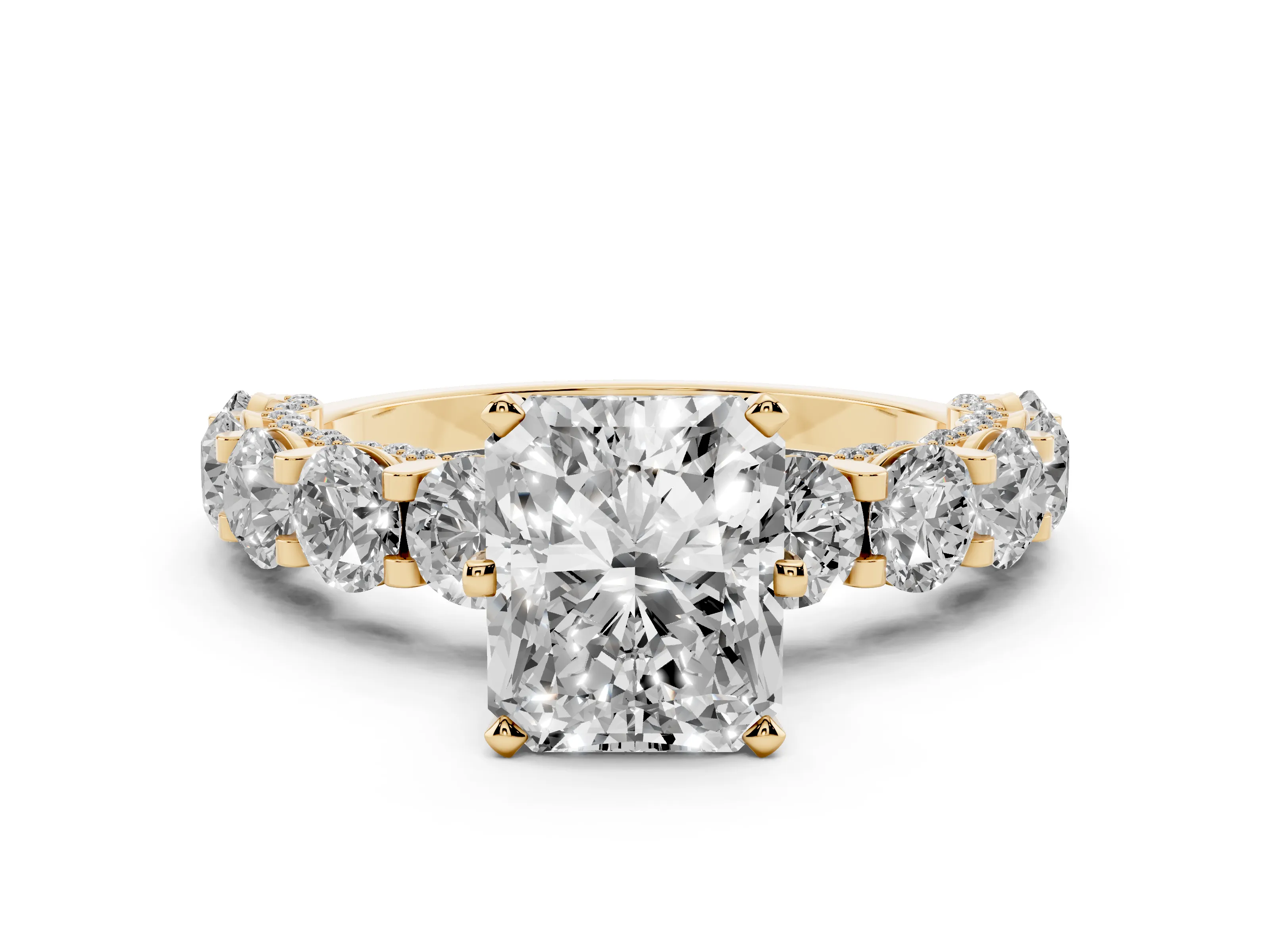 Radiant Cut Diamond Side Stone Ring Set in Yellow gold with Alternating Round and Oval Side Stones