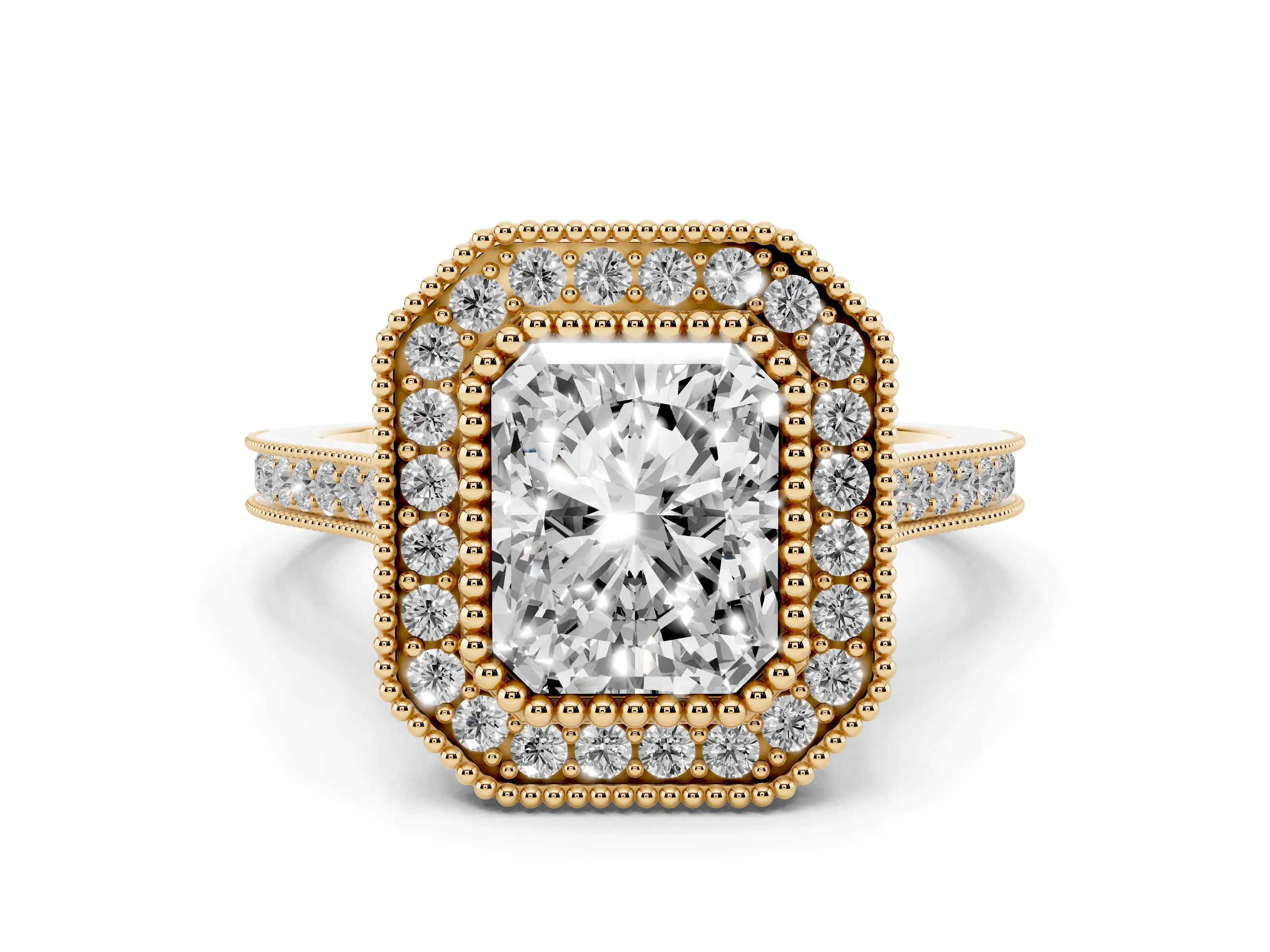 Radiant Cut Diamond Halo Ring Set in Yellow gold with Milgrain Frame and Pavé Band
