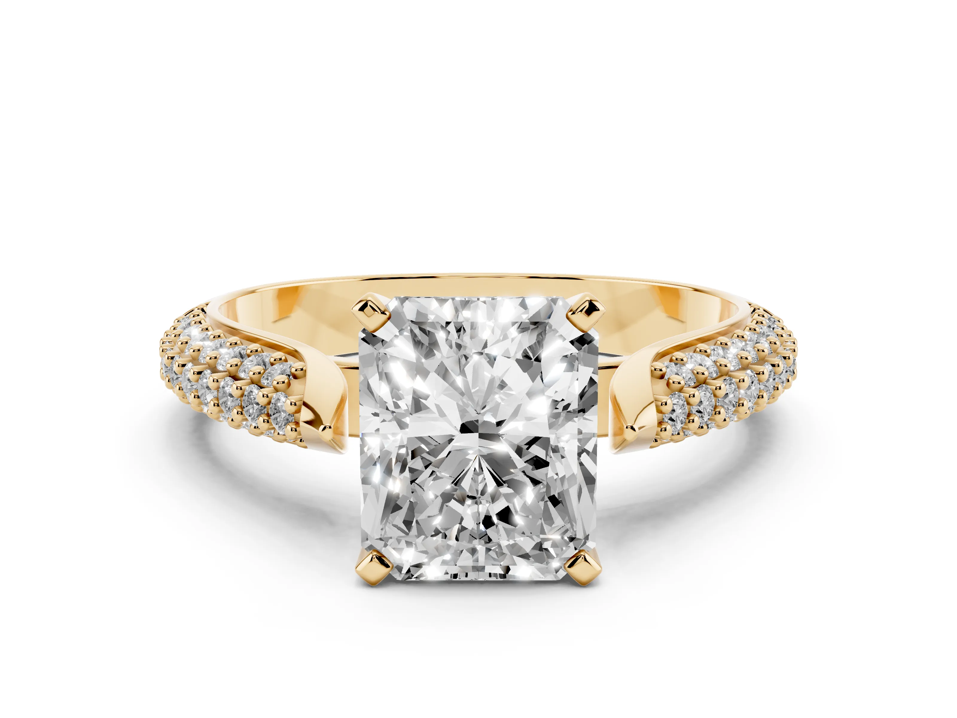 Radiant Cut Diamond Solitaire Engagement Ring Set in Yellow gold with Multi-Row Round Pavé Band and Prong Setting