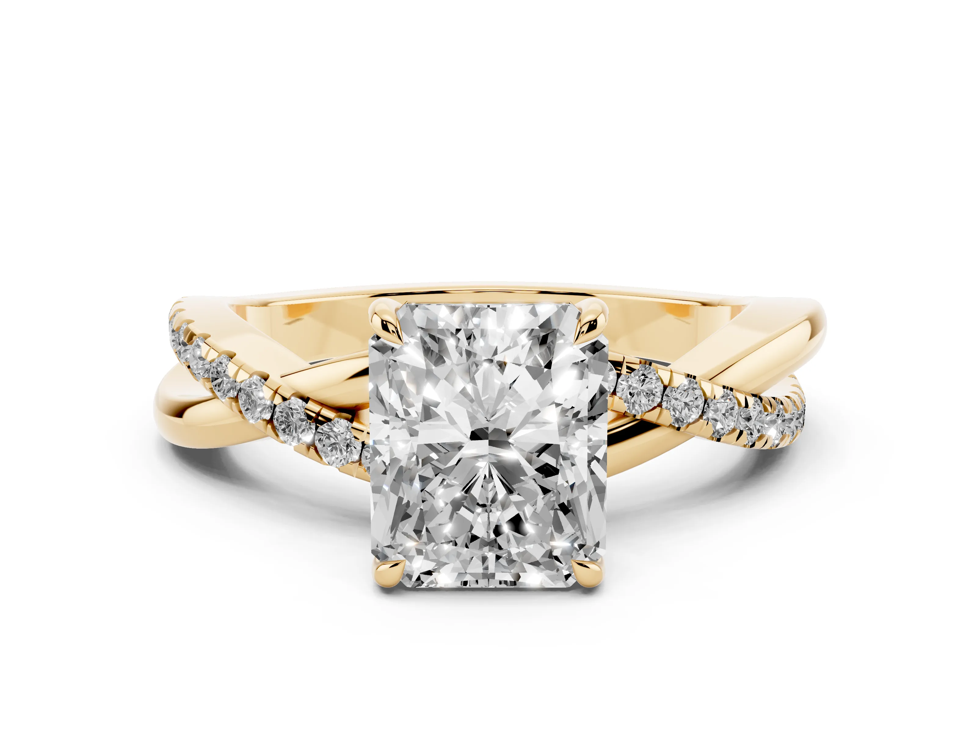 Radiant Cut Diamond Twisted Pavé Band Ring Set in Yellow gold with Prong Setting