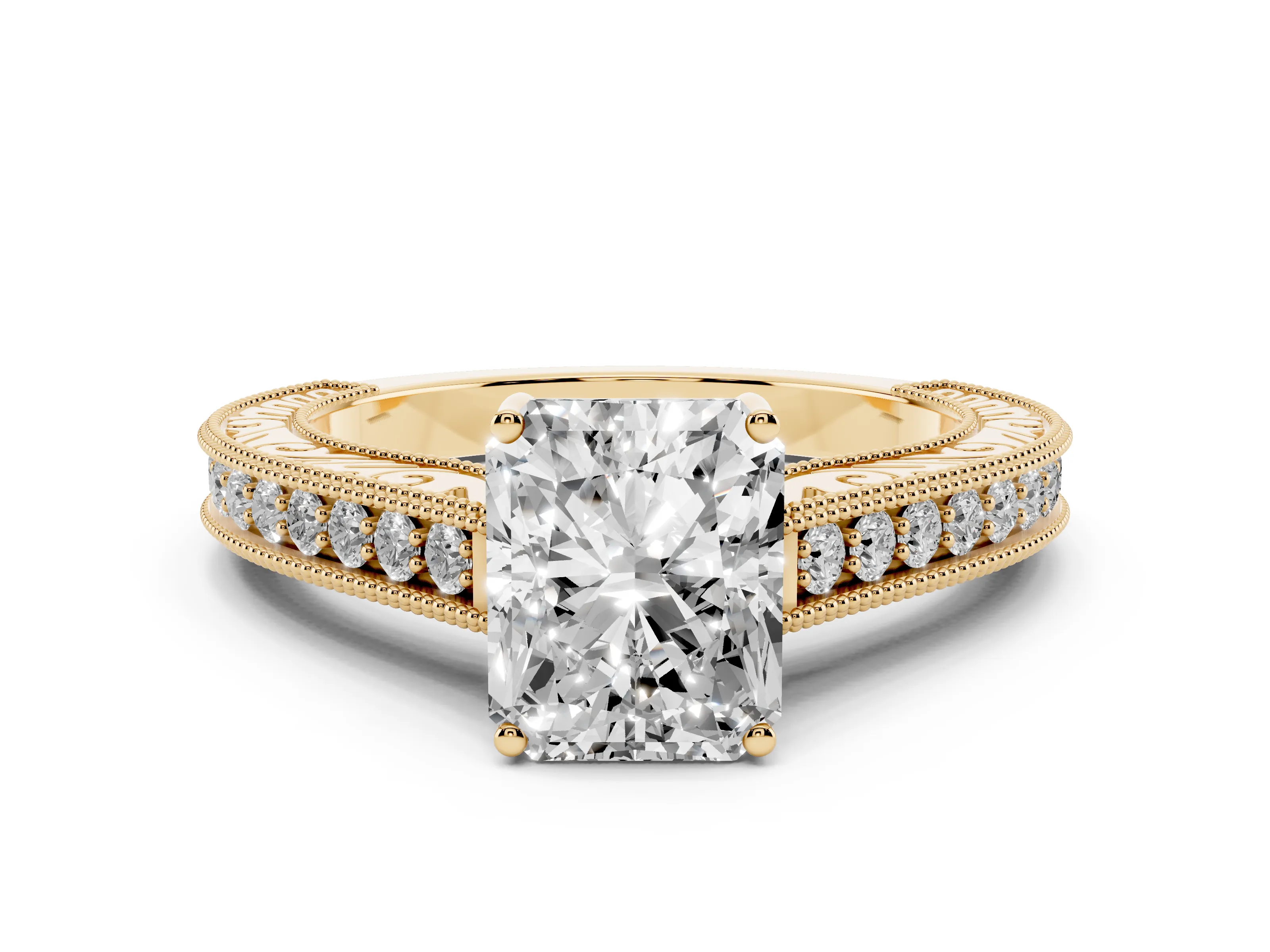 Radiant Cut Diamond Milgrain Pavé Band Solitaire Ring Set in Yellow gold with Prong Setting
