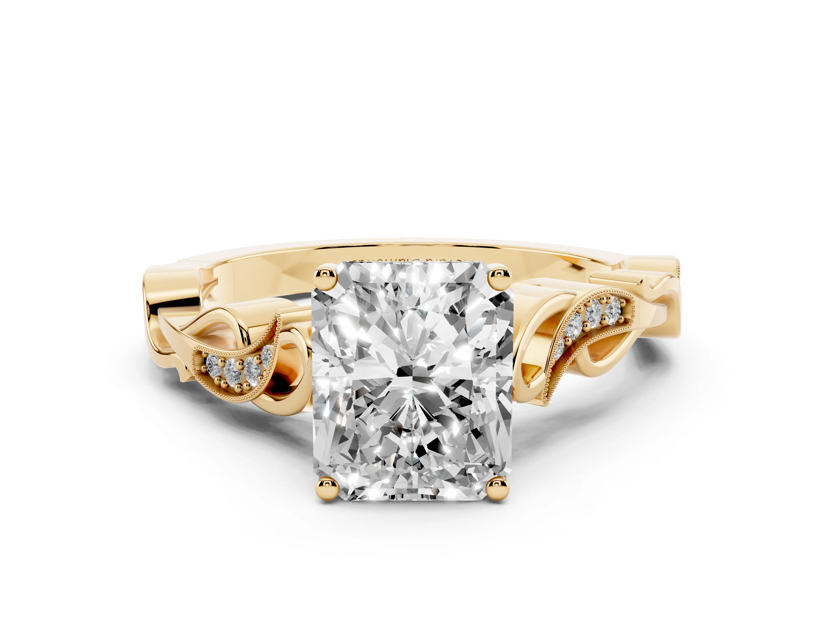 Radiant Cut Diamond Vine Band Solitaire Ring Set in Yellow gold with Milgrain Prong Setting