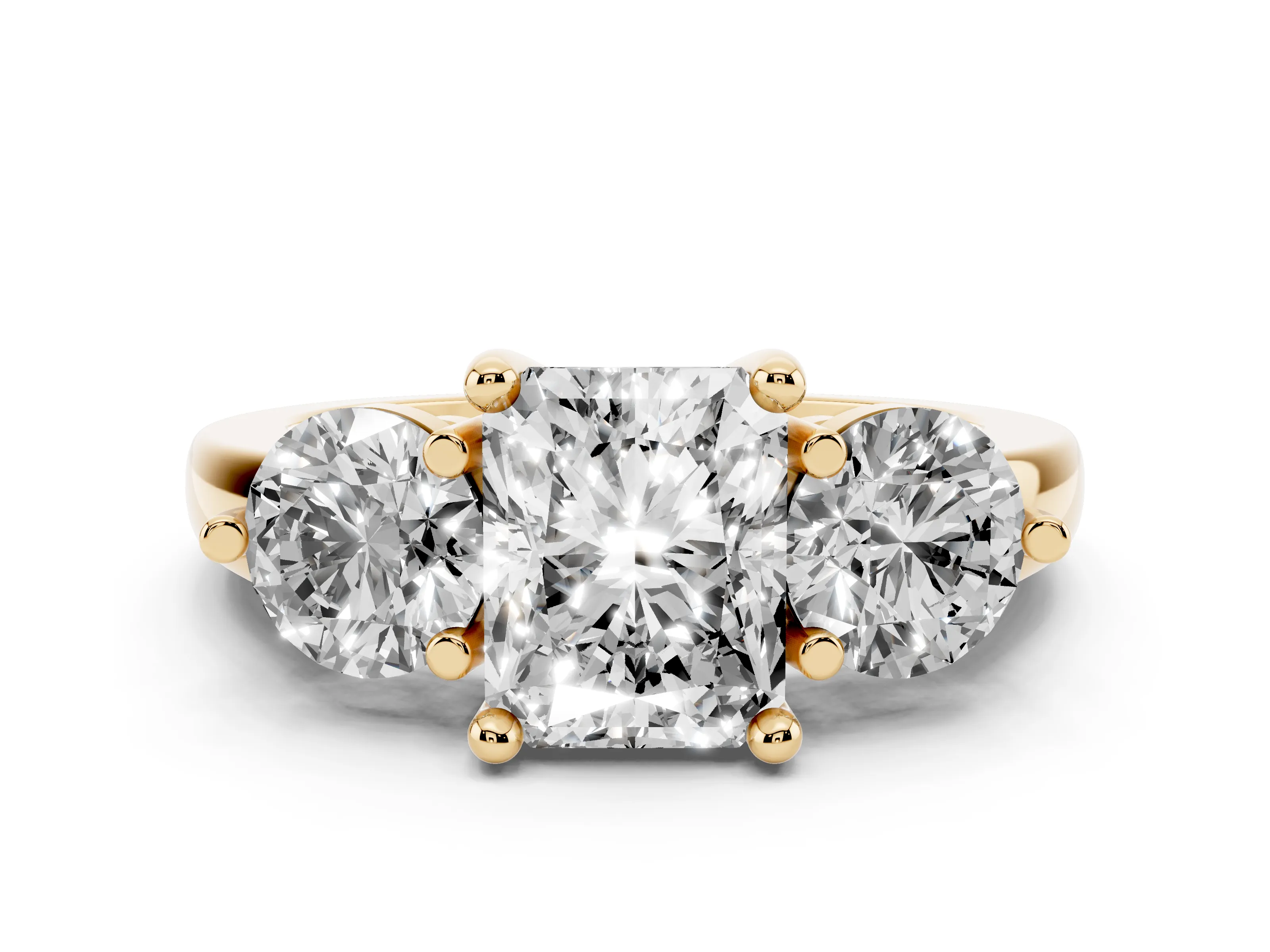 Radiant Cut Diamond Three-Stone Ring Set in Yellow gold with Prong Setting and Classic Band