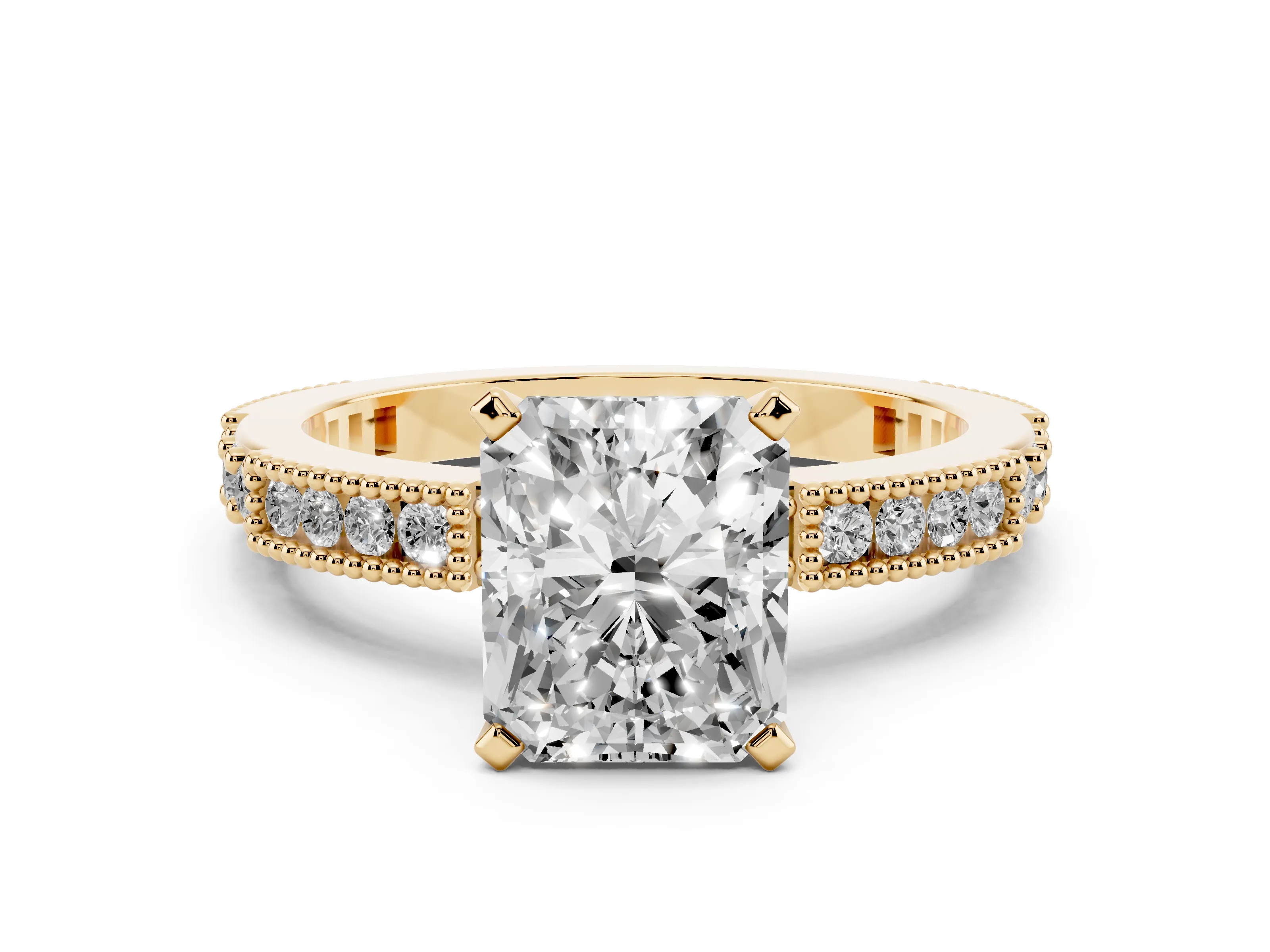 Radiant Cut Diamond Solitaire Ring Set in Yellow gold with Slim Pavé Band and Prong Setting