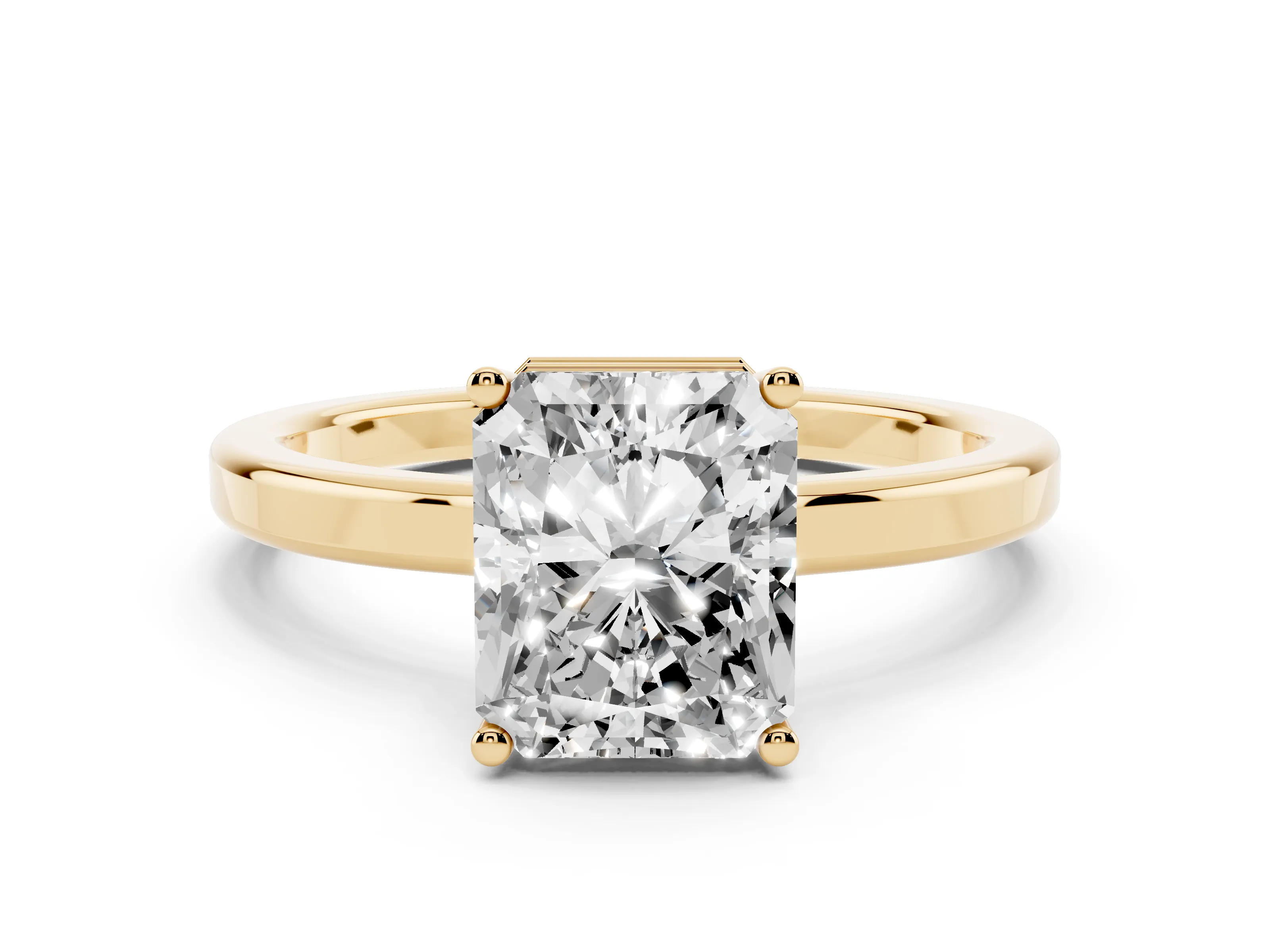 Radiant Cut Diamond Solitaire Engagement Ring Set in Yellow gold with Prong Setting on a Plain Band