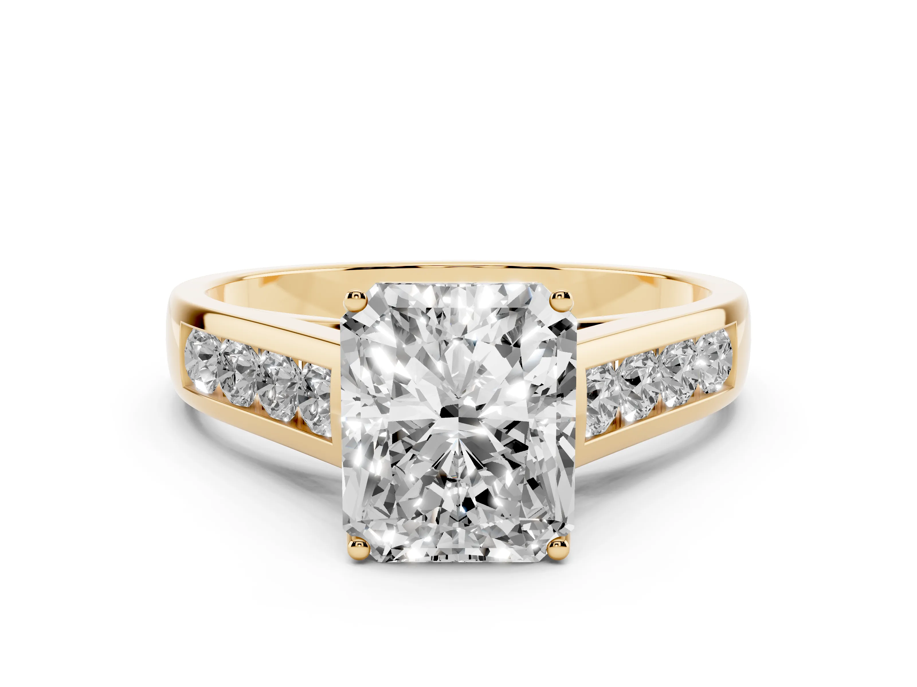 Radiant Cut Diamond Brilliant Channel-Set Solitaire Ring Set in Yellow gold with Prong Setting