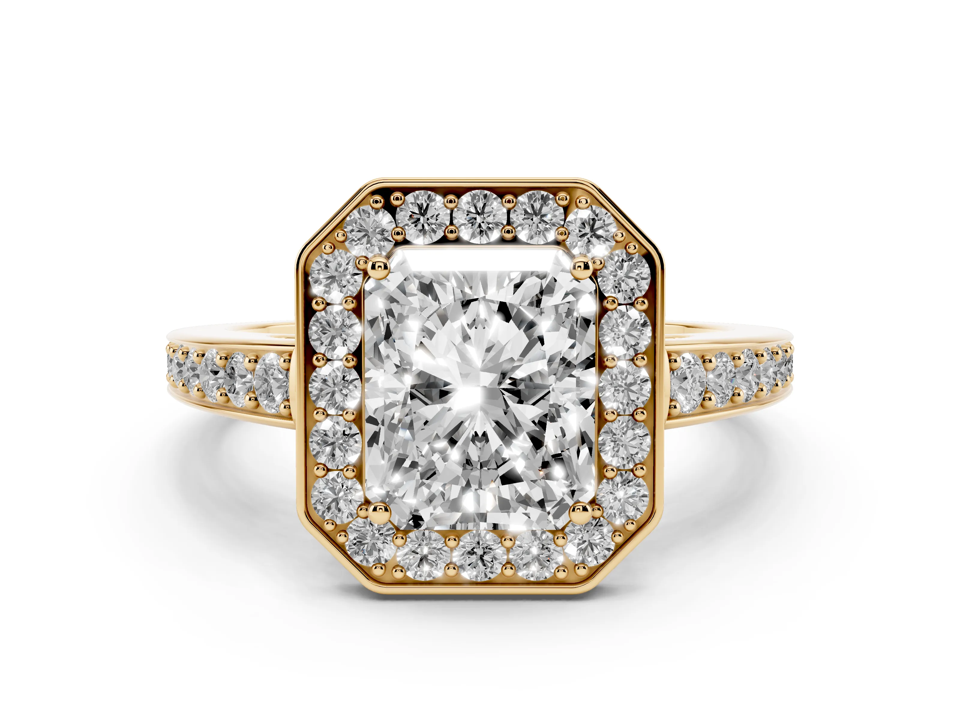 Radiant Cut Diamond Halo Pavé Engagement Ring Set in Yellow gold with Bezel Setting