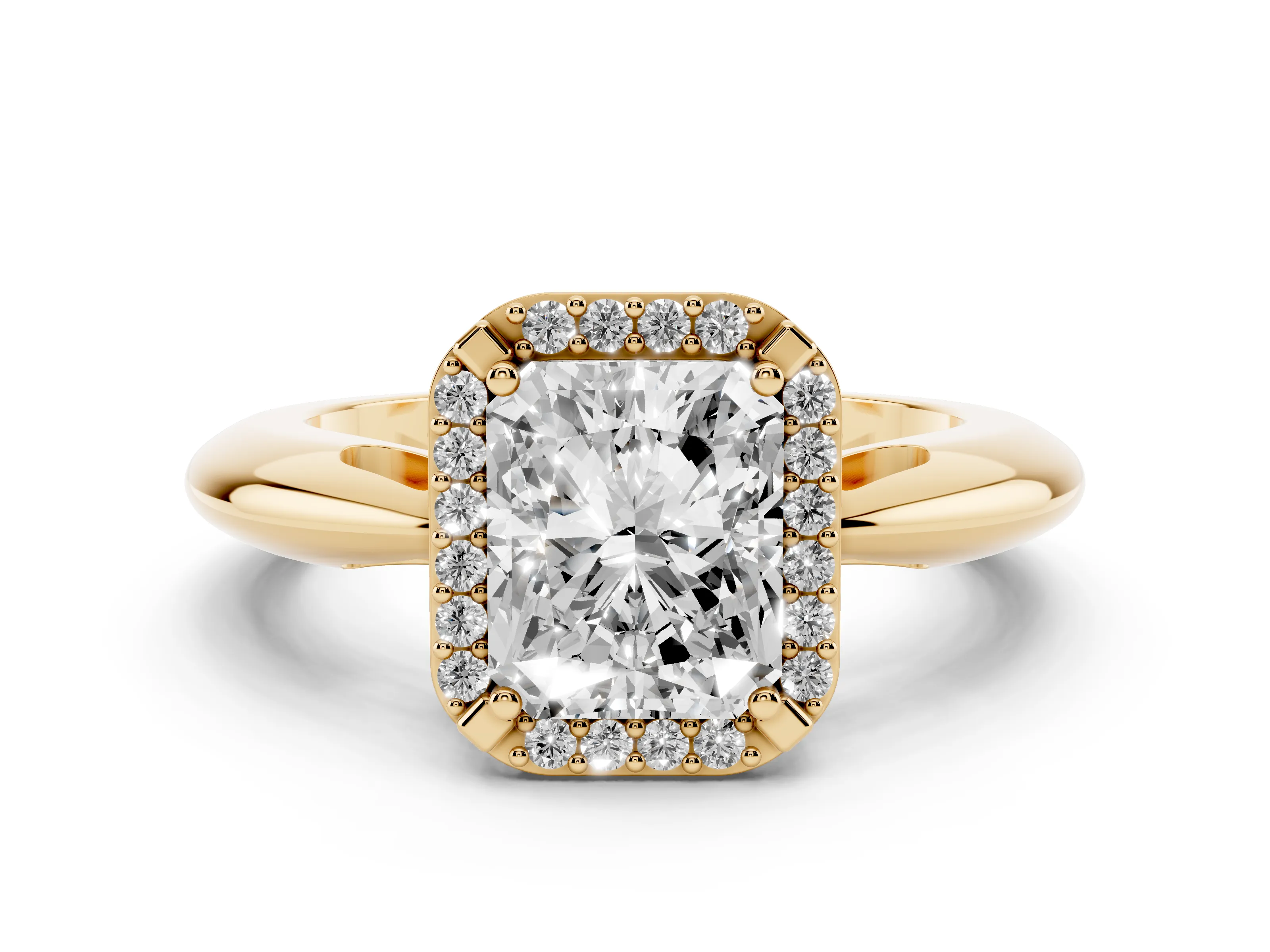 Radiant Cut Diamond Halo Engagement Ring Set in Yellow gold with Plain Split Shank and Prong Setting
