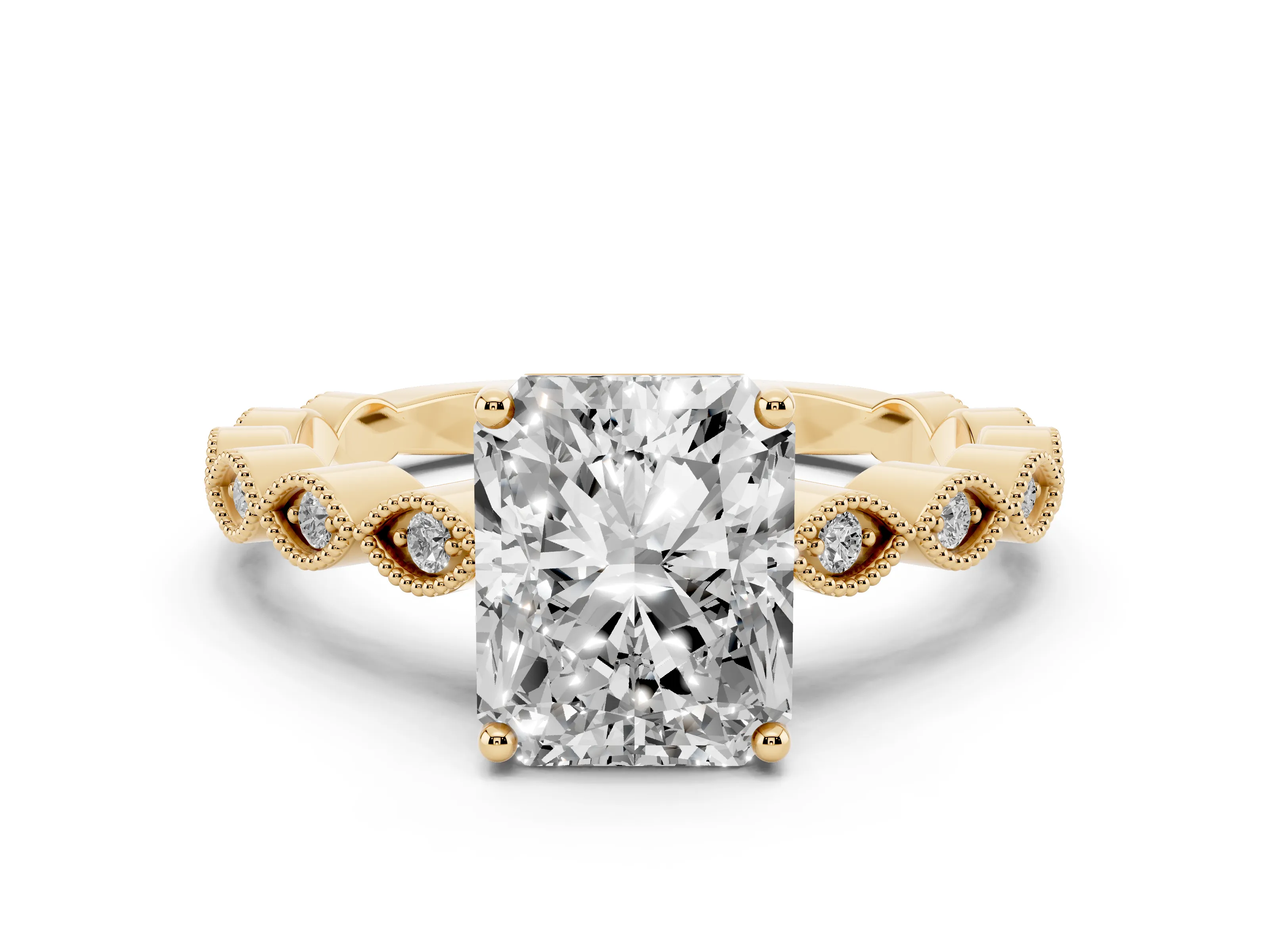 Radiant Cut Diamond Solitaire Ring Set in Yellow gold with Infinity Twist Pavé Band