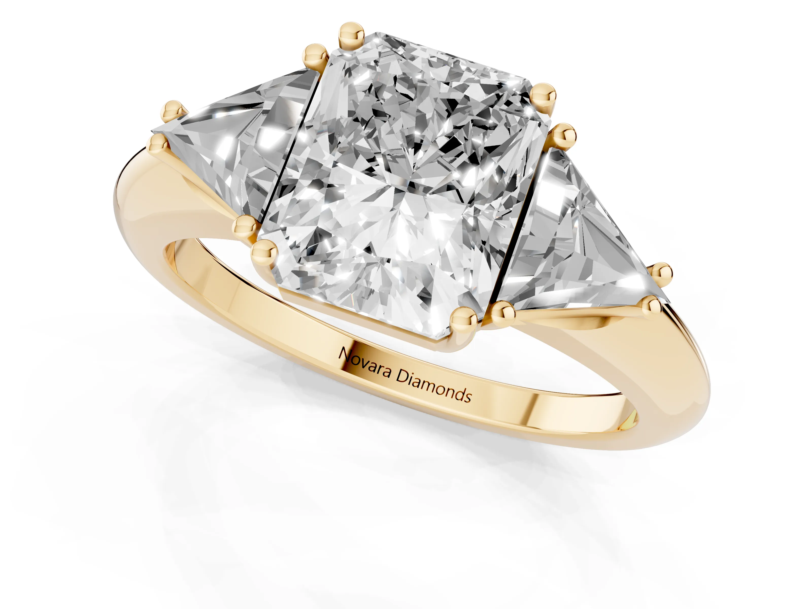 Radiant Cut Diamond Three-Stone Engagement Ring Set in Yellow gold with Trillion Side Stones