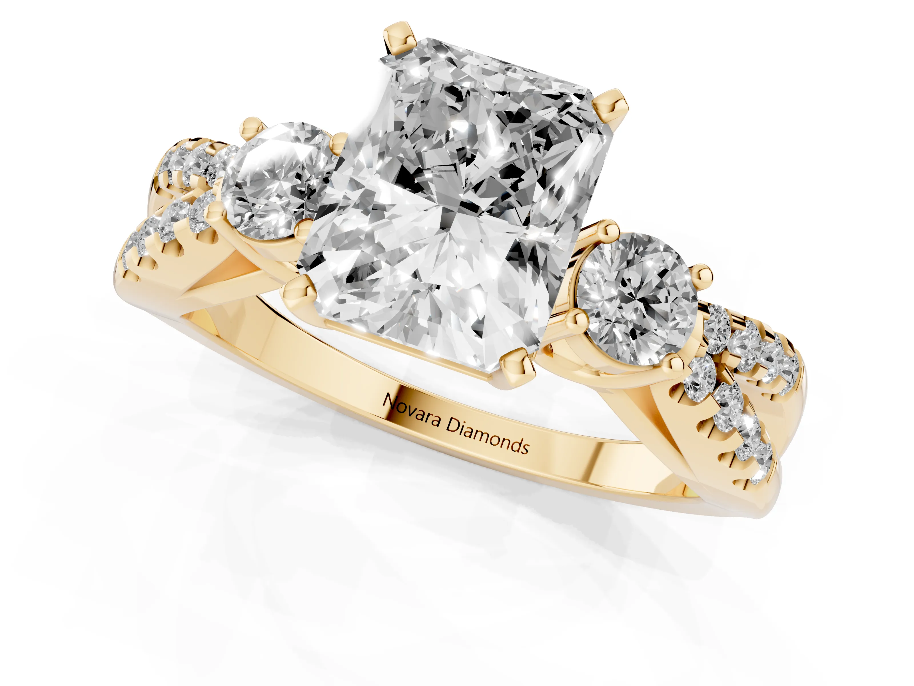 Radiant Cut Diamond Three-Stone Ring Set in Yellow gold with Pavé Split Shank and Prong Setting