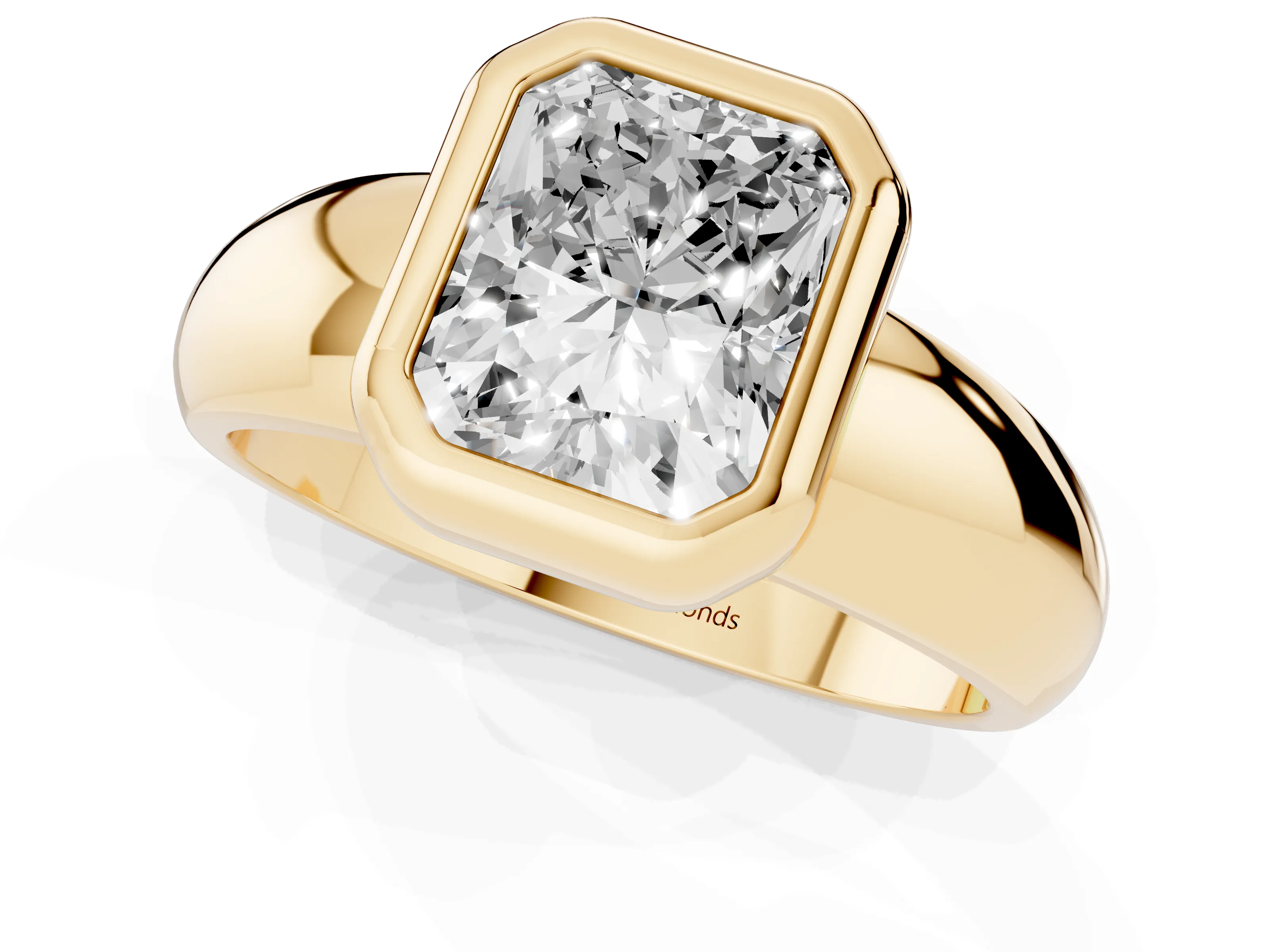 Bezel Set Radiant Cut Diamond Solitaire Ring Set in Yellow gold with Wide Band