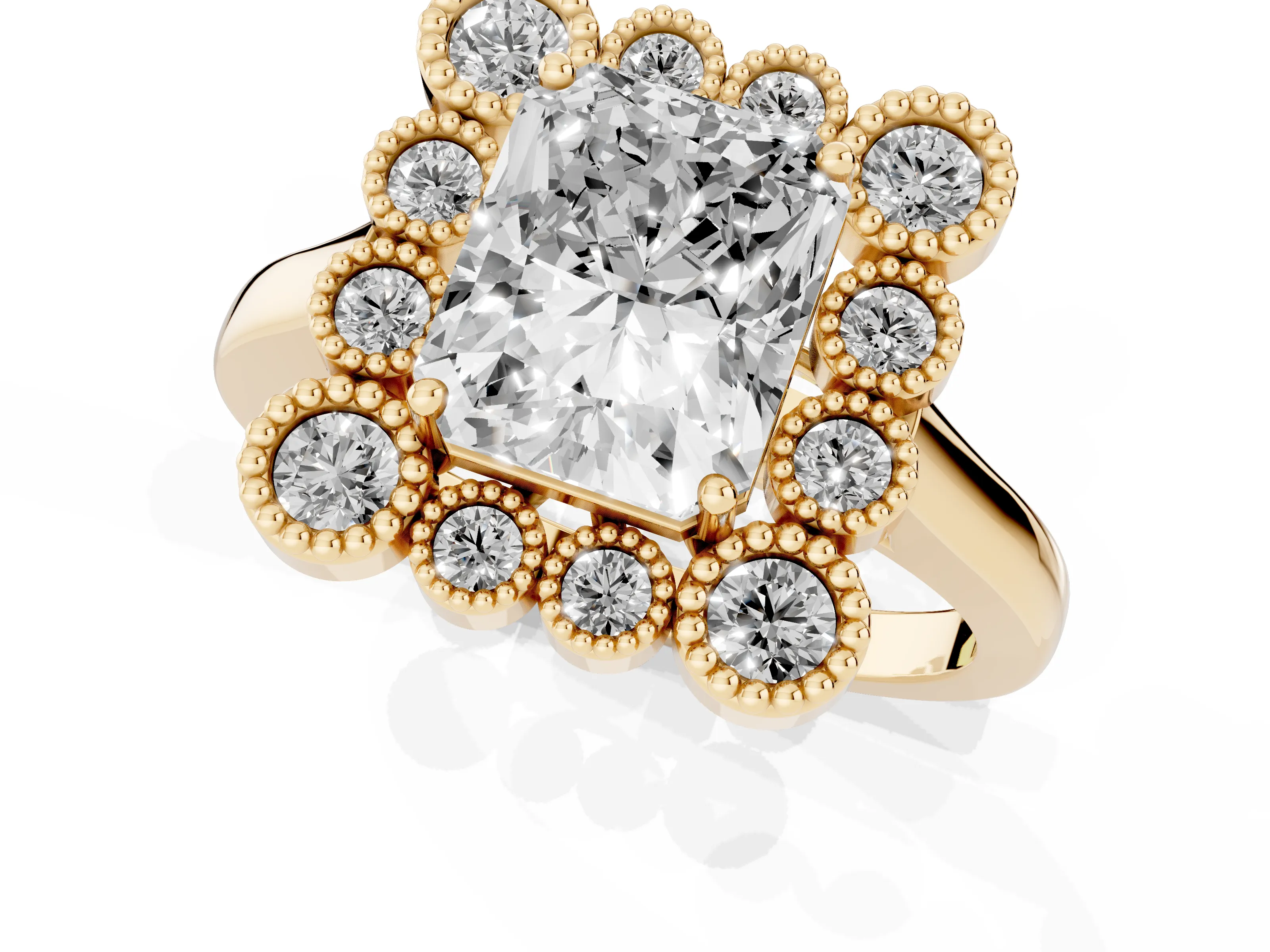 Radiant Cut Diamond Cluster Halo Ring Set in Yellow gold with Milgrain Bezel Accents and Plain Band