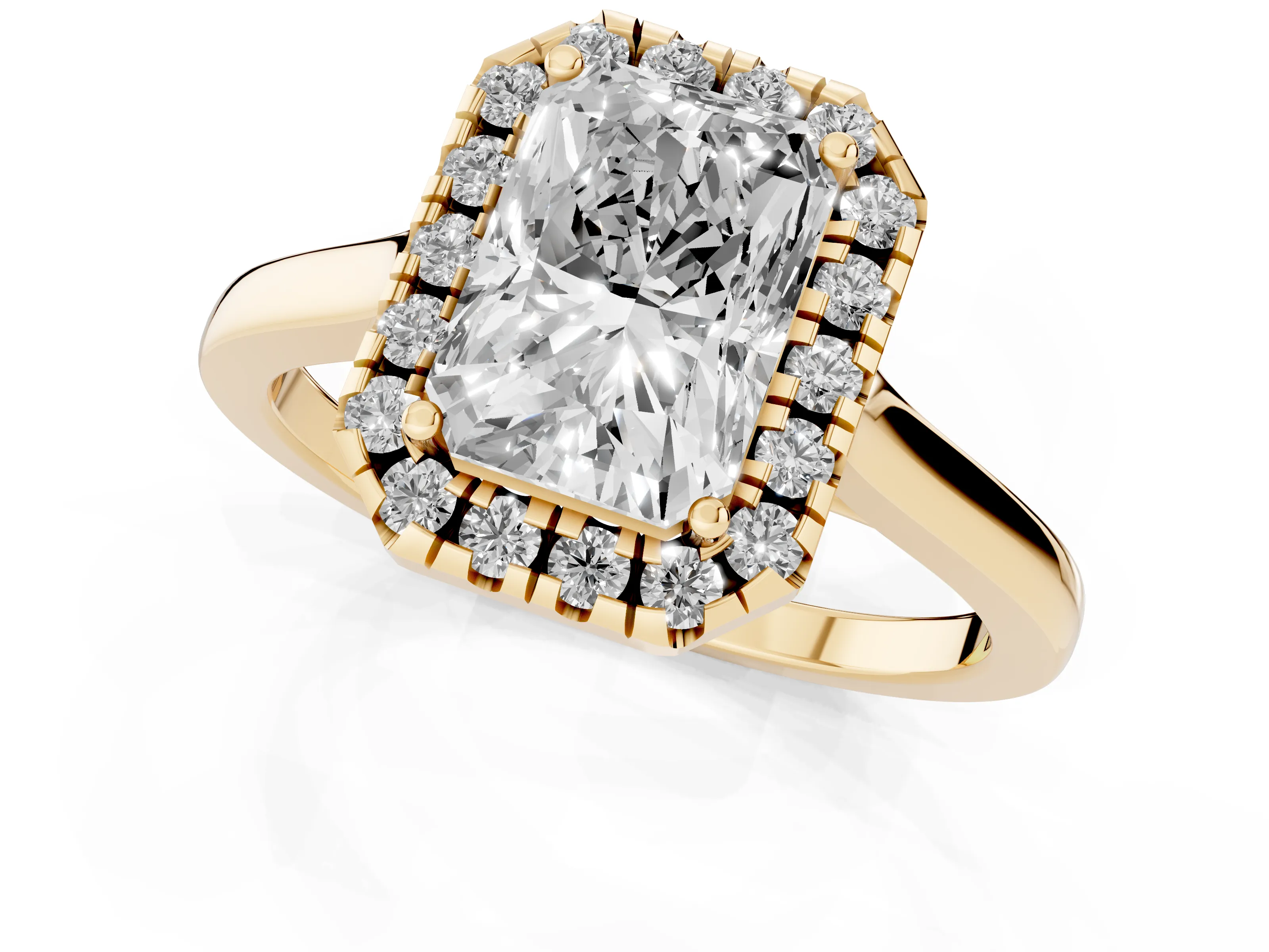 Radiant Cut Halo Round Diamond Solitaire Ring Set in Yellow gold with Pavé Band and Prong Setting