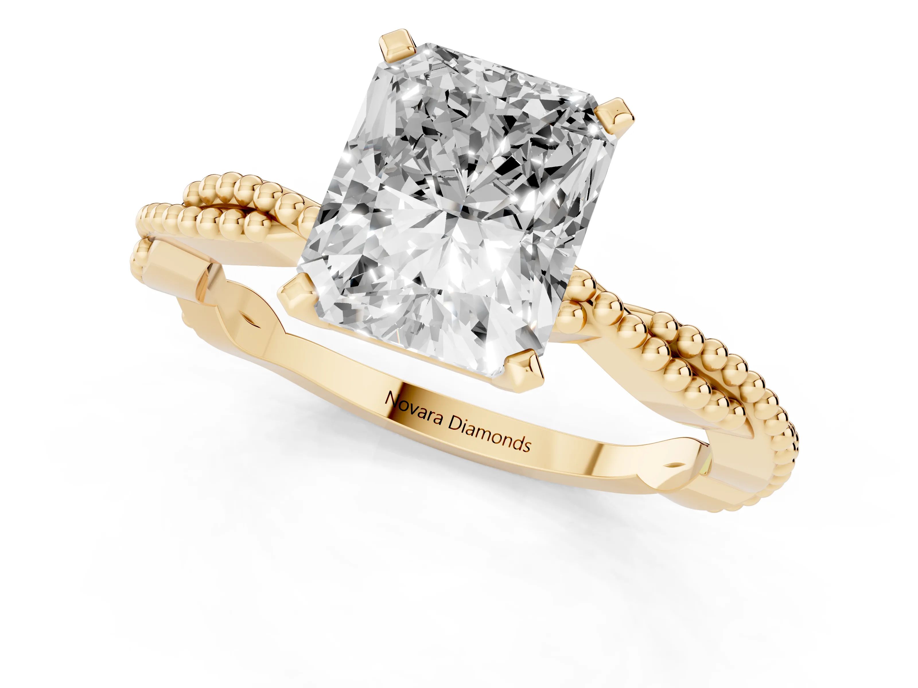 Radiant Cut Diamond Solitaire Ring Set in Yellow gold with Twisted Band and Bead Prong Setting